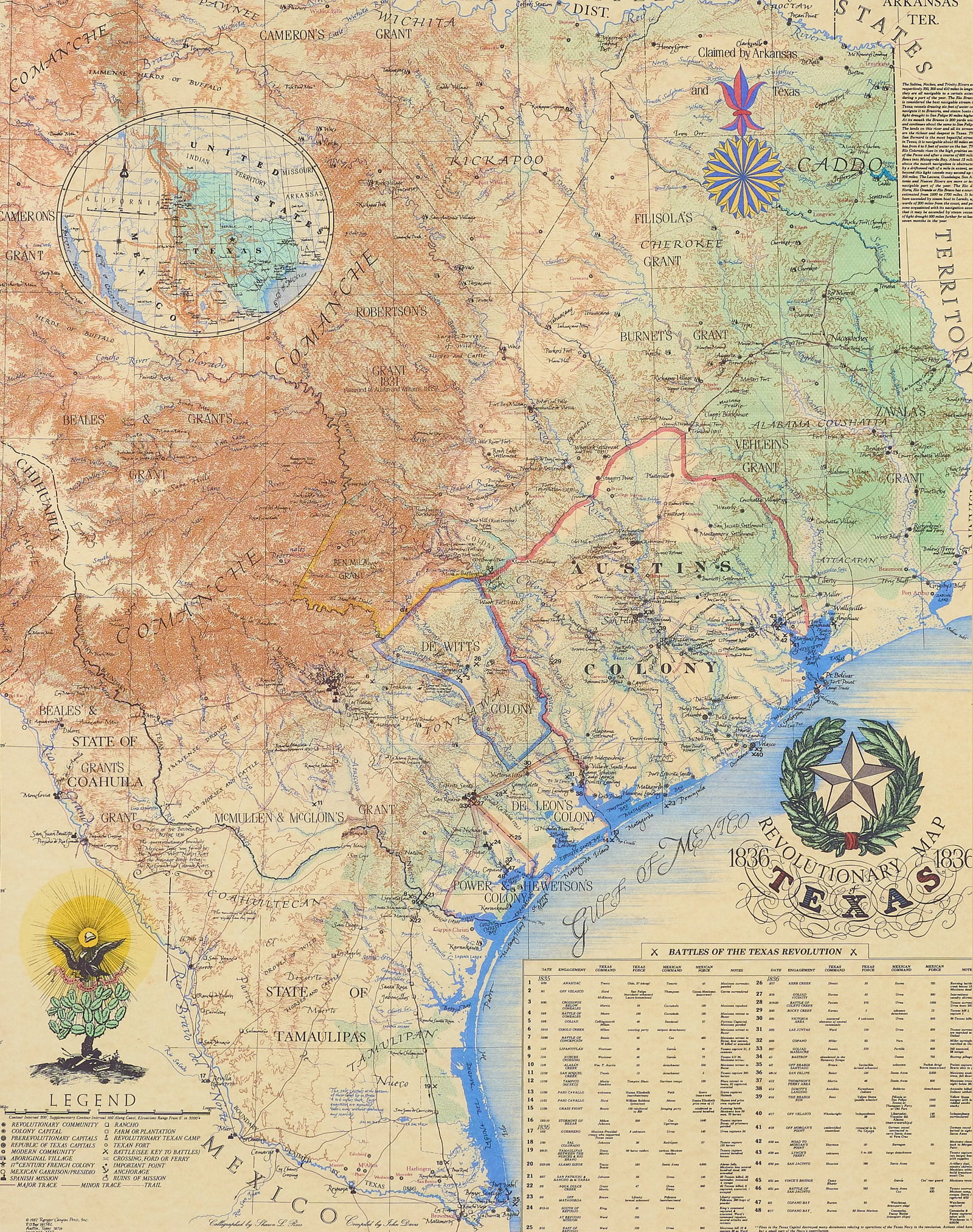 Reproduction Revolutionary Map of Texas 1836: Revolutionary Map of Texas 1836, reproduction, copyright 1987, framed sight: 29 x 23 in., frame: 43 x 37 in. Provenance: Property from a home in Rockport, Texas