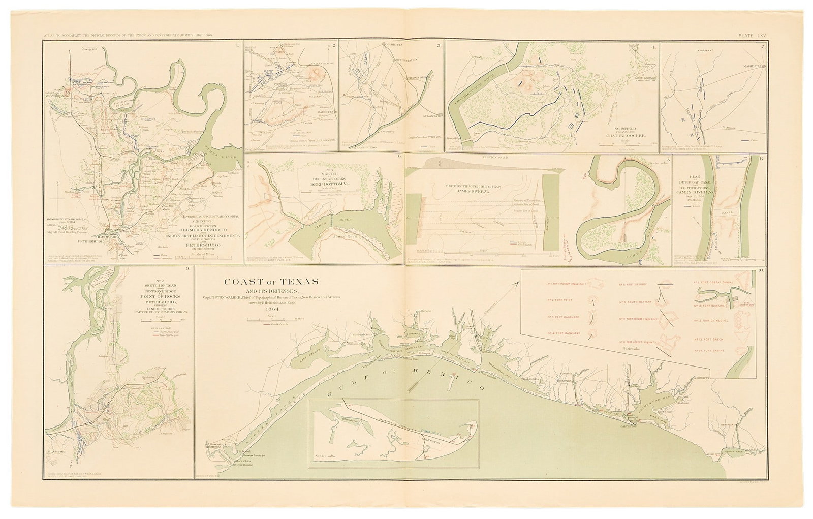Map of 1864 Coast of Texas: Map of 1864 Coast of Texas, with Civil War beach and river fortifications length 18.5 in. x width 29.75 in. Pr