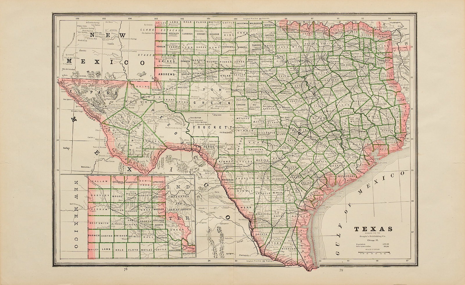 Crams, Map of 1887 Texas: Crams 1887 map of Texas, framed sight: 13.5 x 22 in., frame: 18 x 24 in. Provenance: Property from the home of a Bluffton, Indiana life-long collector of primitive tools and artifacts