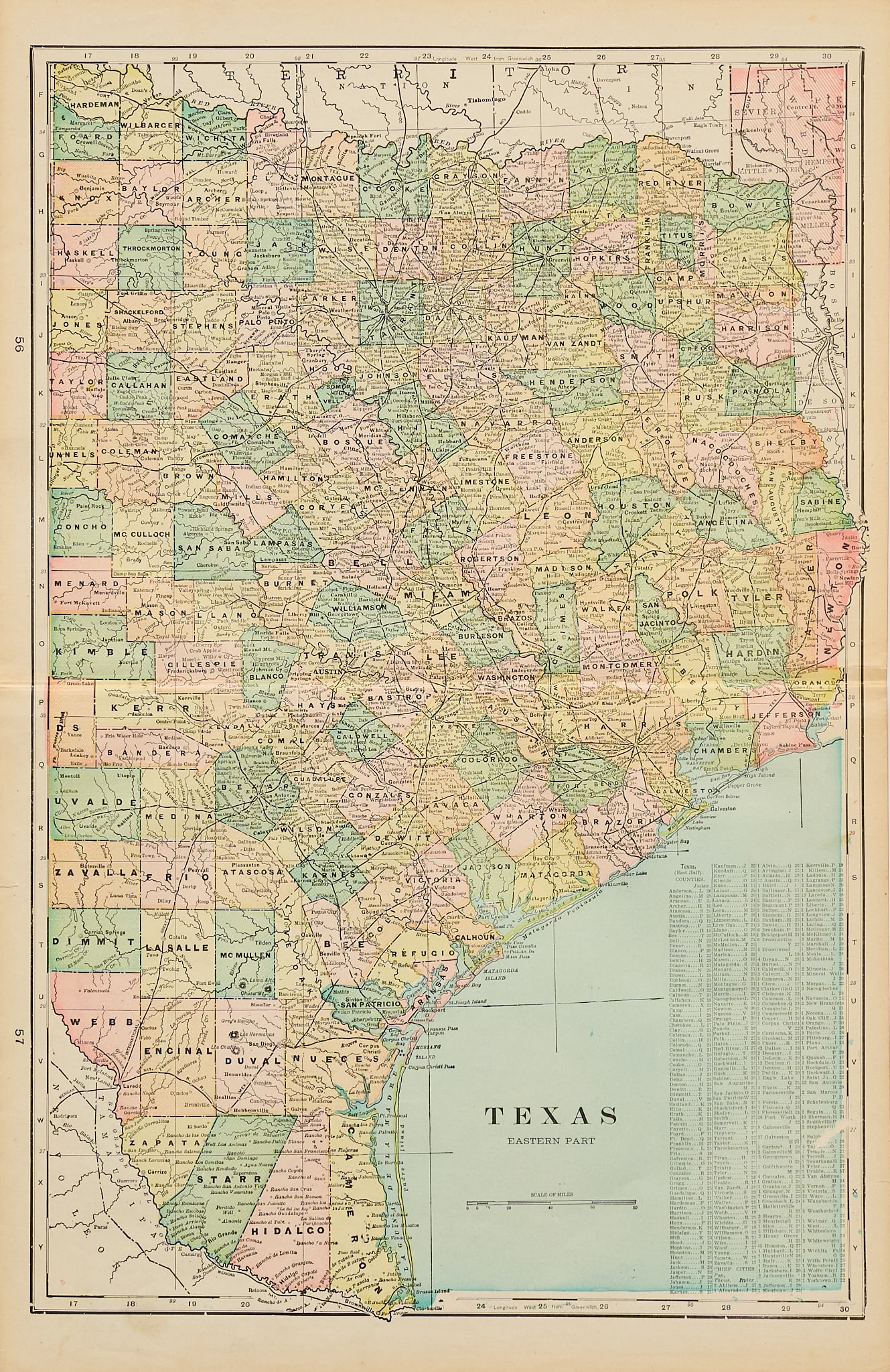 Crams, 1892 Map of Texas: Crams 1892 map of Eastern Texas, framed sight: 13.5 x 22 in., frame: 18 x 24 in. Provenance: Property from the home of a Bluffton, Indiana life-long collector of primitive tools and artifacts