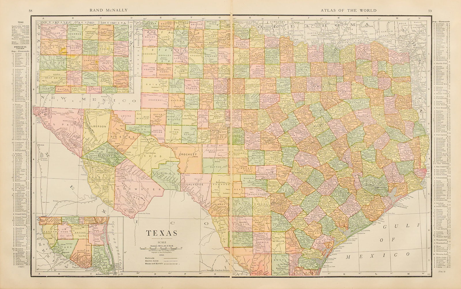 Rand McNally, 1915 Map of Texas: Rand McNally 1915 map of Texas, framed sight: 14 x 22.25 in.m frame: 18 x 24 in. Provenance: Property from the home of a Bluffton, Indiana life-long collector of primitive tools and artifacts