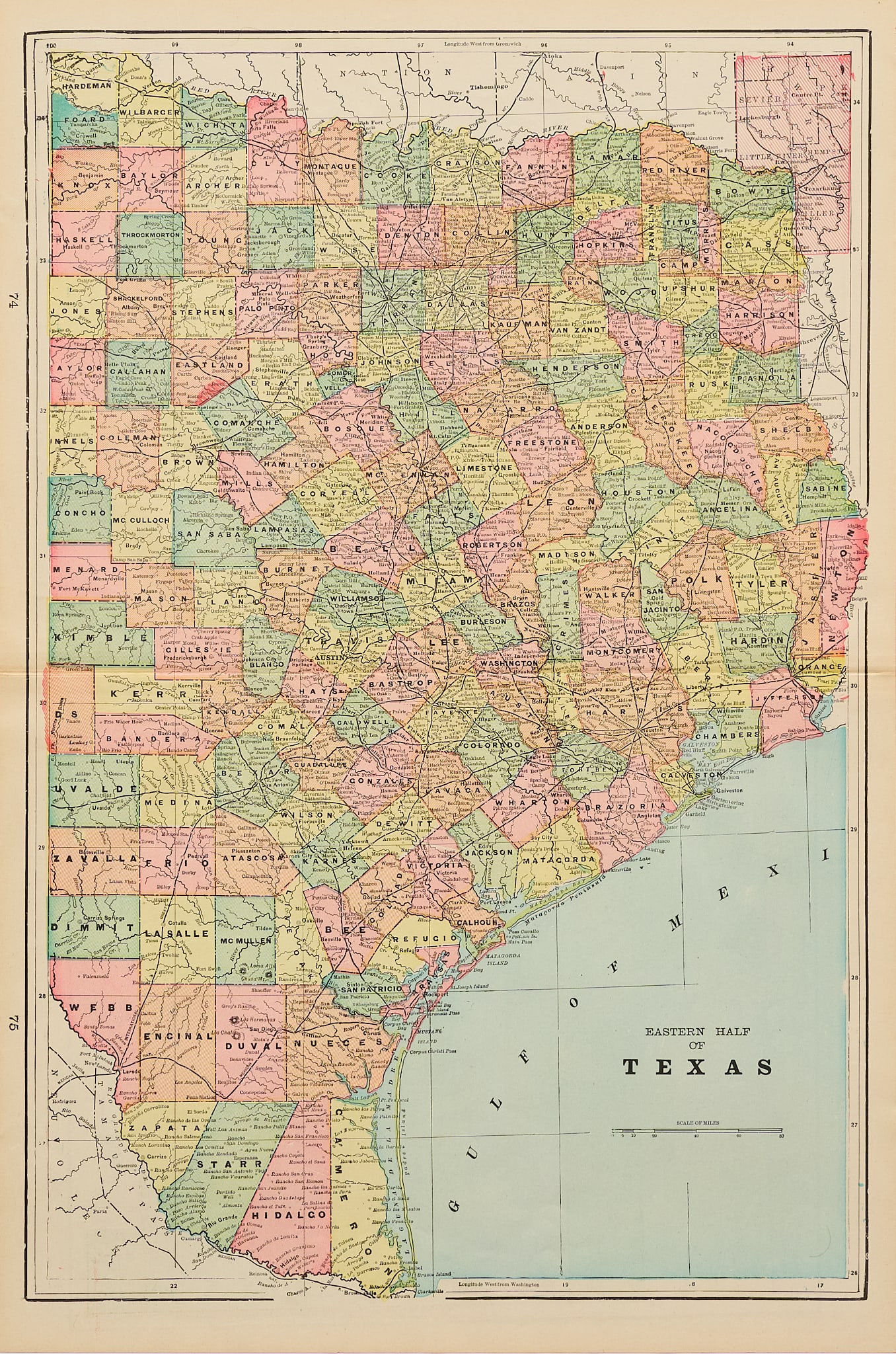 Crams, Map of Eastern Texas: Crams 1892 map of Eastern Texas, framed sight: 21.75 x 14.5 in., frame: 24 x 18 in. Provenance: Property from the home of a Bluffton, Indiana life-long collector of primitive tools and artifacts
