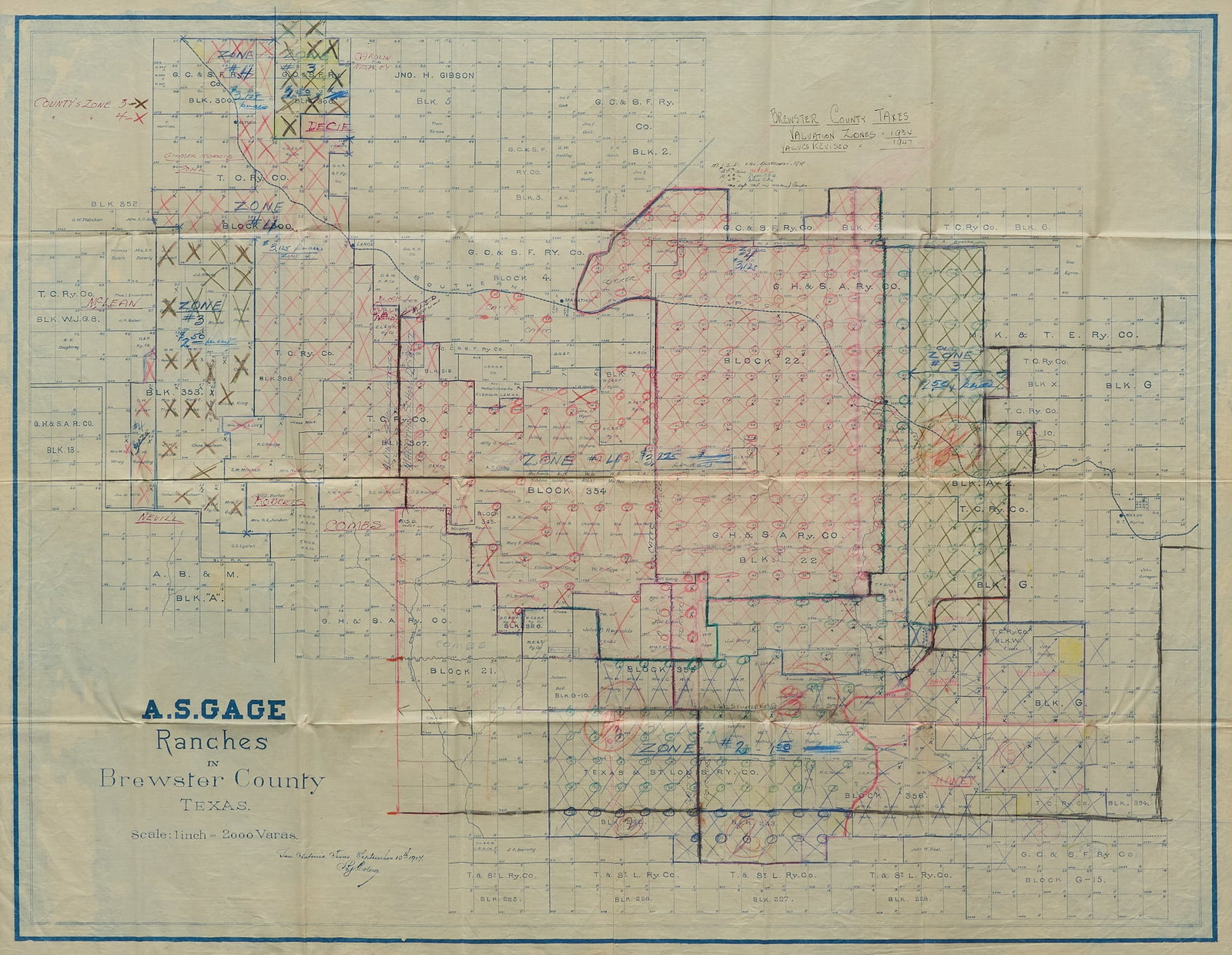 A.S. Gage Ranches in Brewster County, Texas Map: Framed map of A.S. Gage Ranches in Brewster County, Texas, hand dated September 10th, 1914 sight: 35 x 45 in., frame: 38 in. x 48 in. Provenance: Property from a home in San Antonio, Texas