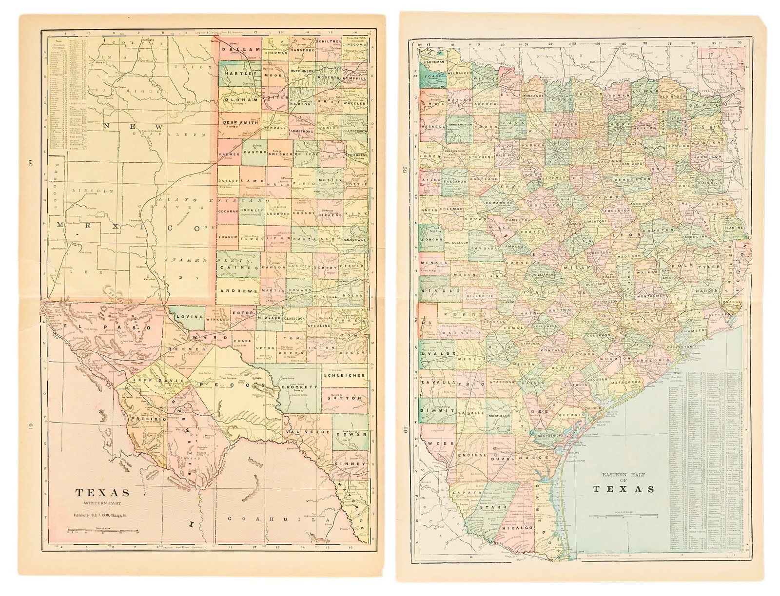(2) Texas Maps: Two Crams 1892 maps, one of Eastern Texas, and one of Western Texas length 22.25 in. x width 14.5 in. / each Provenance: Property from the home of a Bluffton, Indiana life-long collector of