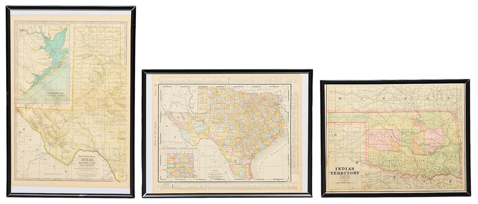 (3) Texas Maps: Three framed maps, includes Rand McNally 1906 map of Texas, Crams 1883 map of Indian territories above the panhandle of Texas, and one 1902 map of Western Texas sight: 16 x 11.5 in., frame: 18