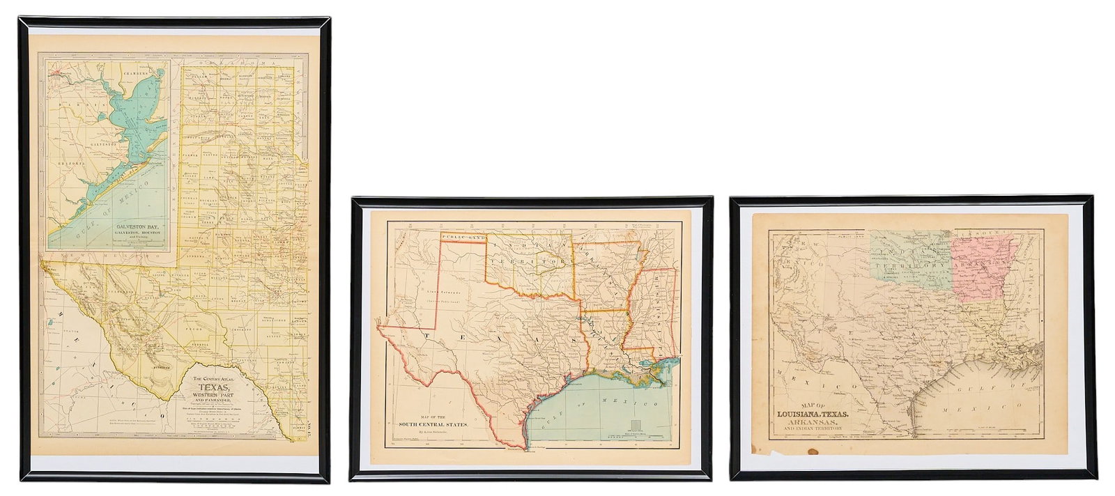 (3) Texas Maps: Three framed maps, includes one 1883 map of Texas with Indian territories, one Van Antwerp and Bragg 1877 map of Texas, and one 1911 map