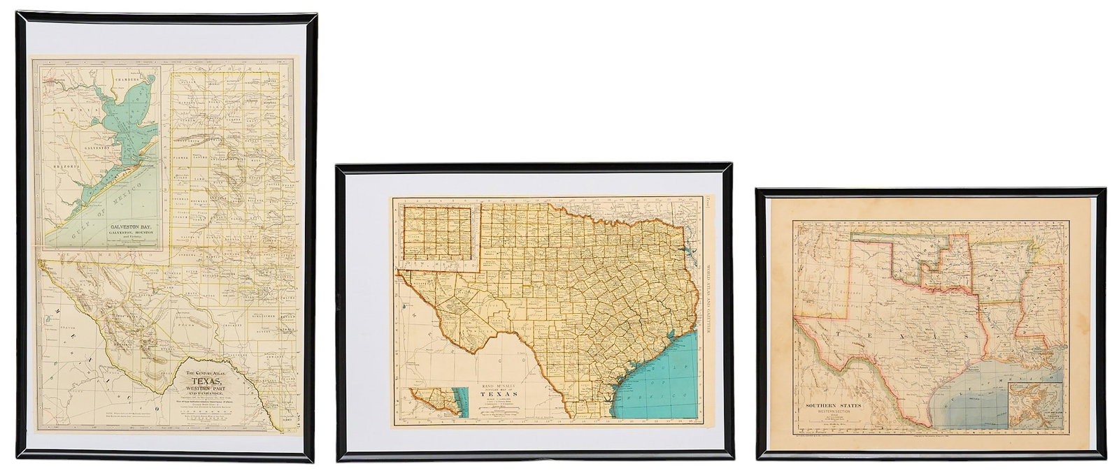 (3) Texas Maps: Three framed maps, includes one Matthews and Northrup 1907 map of Texas and Southern United States, one Rand McNally 1907 map of Texas, and one 1897 map of Western Texas sight: 15 x 11 in., frame: 18