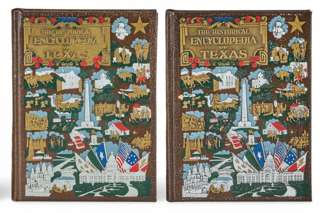 The New Encyclopedia of Texas, 2 Volumes: Two volume set of "The New Encyclopedia of Texas", published by the Texas Historical Society, with brown leather binding, gilt lettering and decorative embossing, Volume I and Volume II, oct