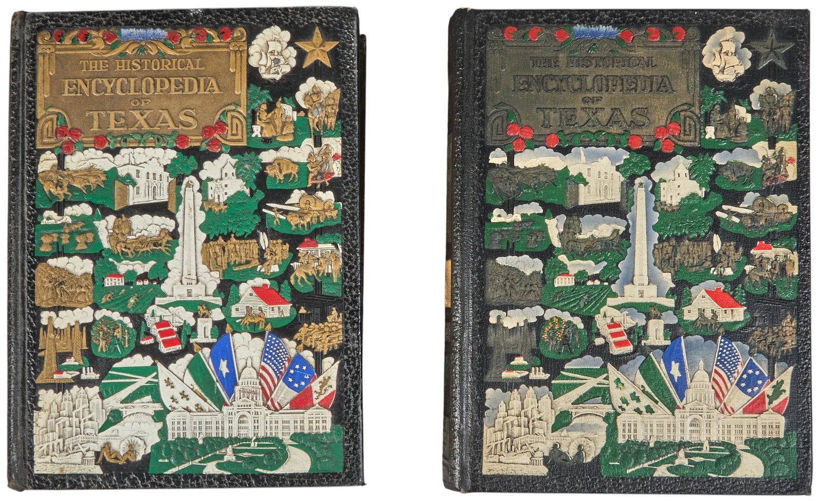 The New Encyclopedia of Texas, 2 Volumes: Two volume set of "The New Encyclopedia of Texas", published by the Texas Historical Society, with black leather binding, gilt lettering and decorative embossing, Volume I and Volume II,