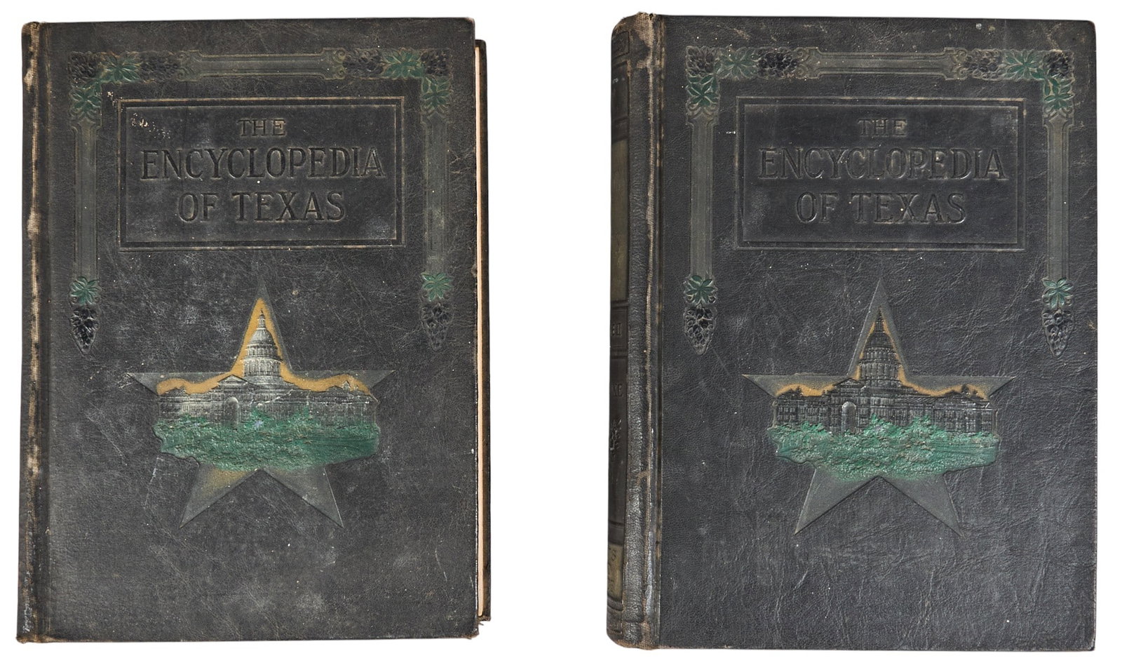 The Encyclopedia of Texas, 2 Volumes: Two volume set of "The Encyclopedia of Texas", published by the Texas Historical Society, with black leather binding and decorative embossing, Volume I and Volume II, octavo height 11 in. x 