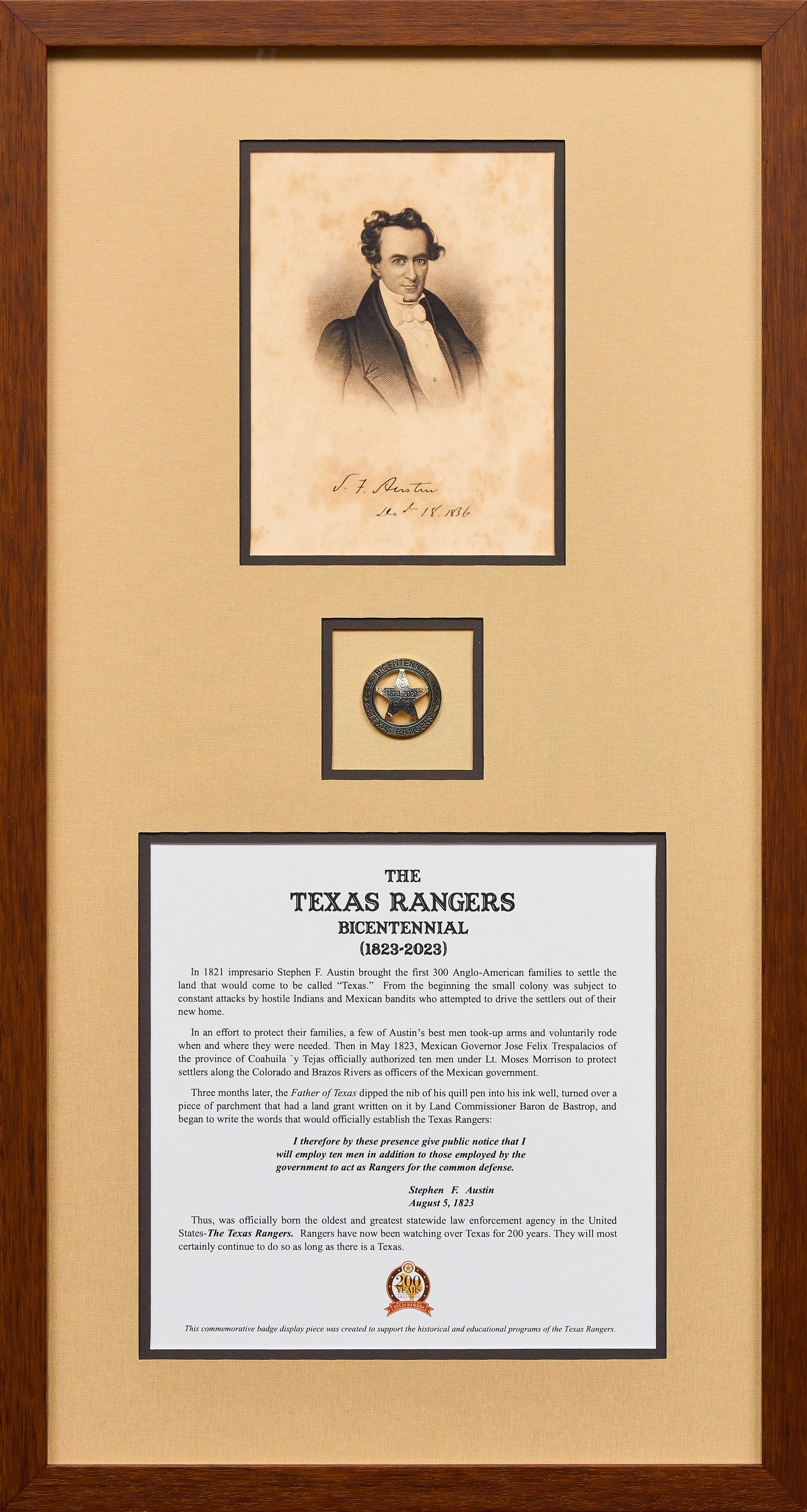 Texas Ranger Bicentennial Display and Badge: Texas Rangers bicentennial framed display, with image of Stephen F. Austin above a commemorative bicentennial Texas Rangers badge, handcrafted from a Mexican cinco peso coin; one of only ten such disp