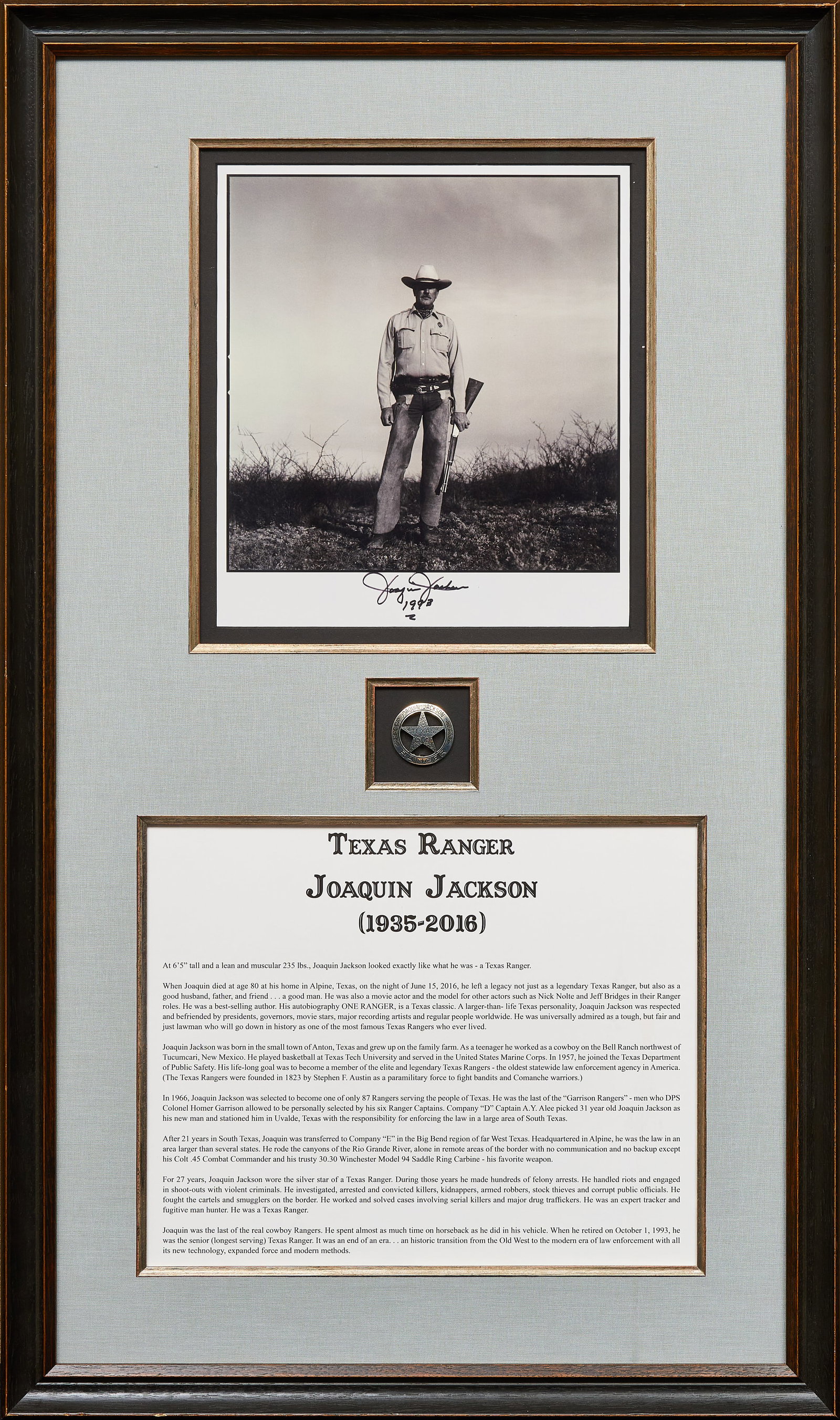 "One Ranger", Joaquin Jackson Framed Photo and Badge: "One Ranger" framed print of signed photograph depicting legendary Texas Ranger Joaquin Jackson, with replica of Jackson's badge; also accompanied by a signed first edition of Jackon'