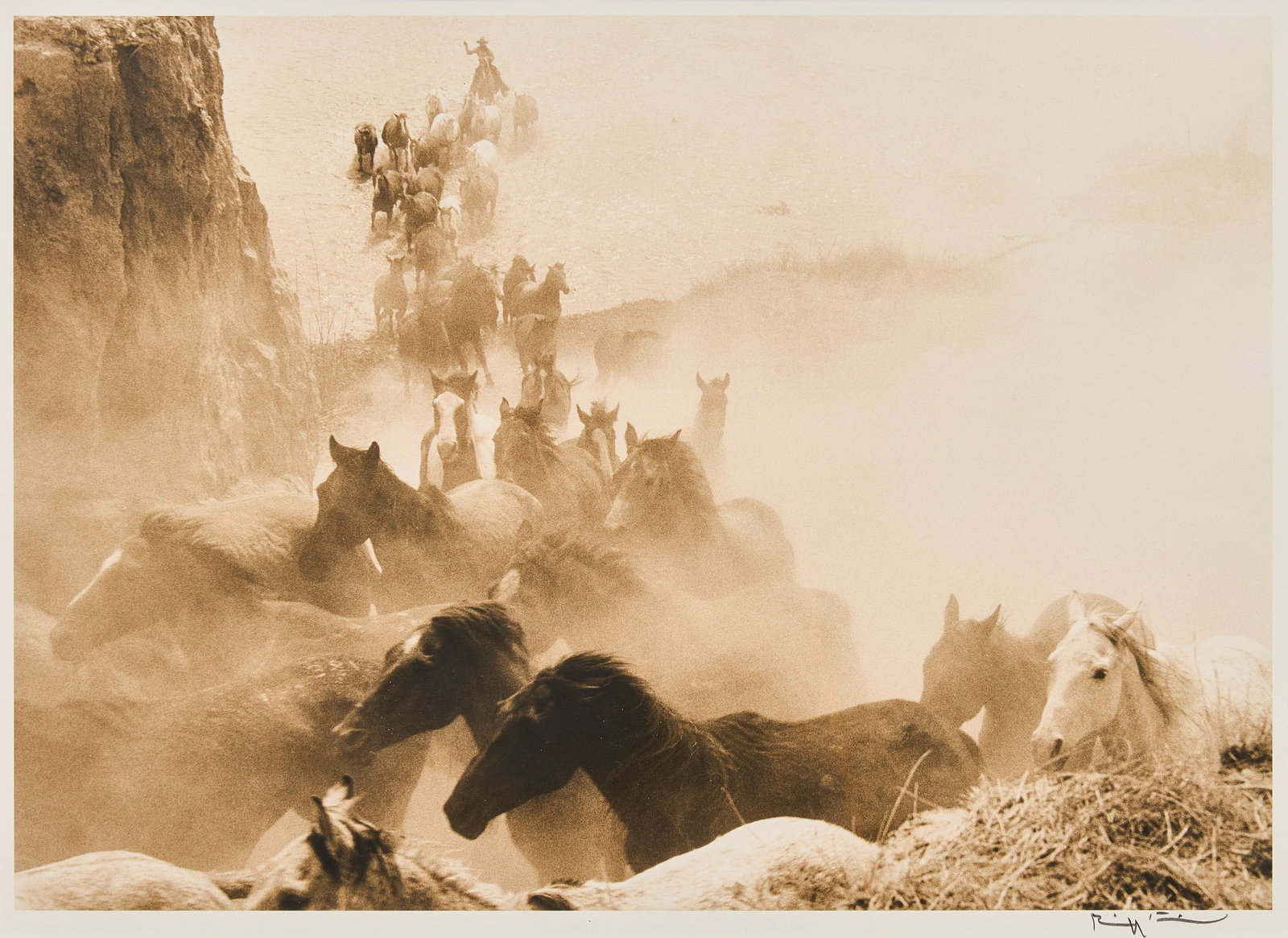 Bill Wittliff, "Stolen Horses": Bill Wittliff (Texas, 1940-2019), "Stolen Horses", vintage photograph from the set near Del Rio, Texas during the 1988 filming of Lonesome Dove; hand-signed by Wittliff at lower ri