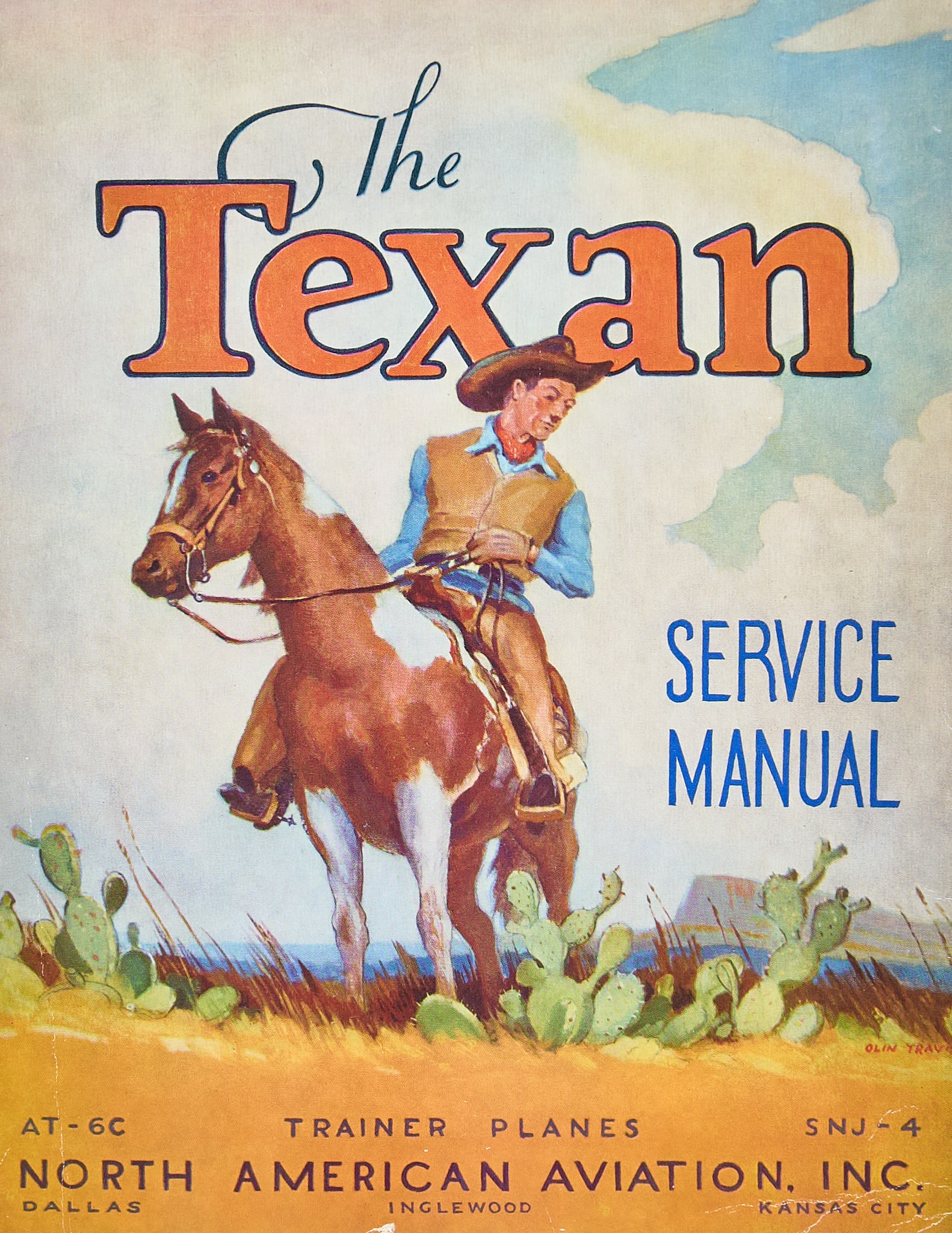 Olin Travis, "The Texan": Olin Herman Travis (Texas, 1888-1975), published cover of "The Texan", a service manual for American Aviator Trainer Planes, vintage lithograph sight: 10.5 x 8.5 in., frame: 20.75x 16.75 in.