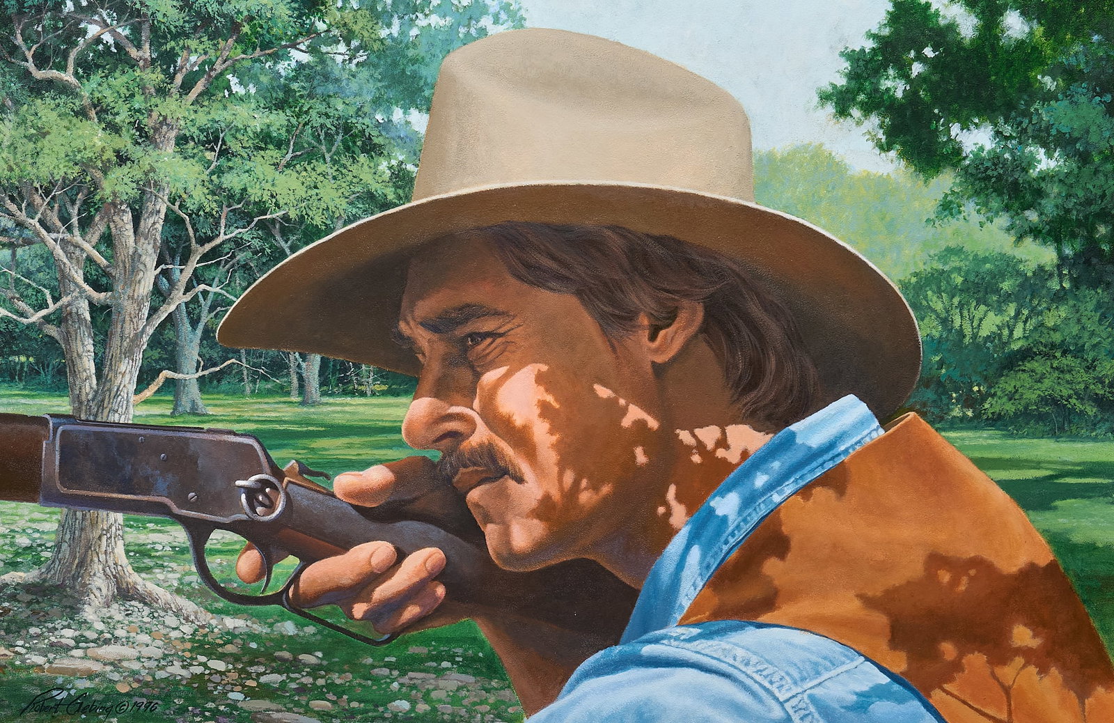 Robert Gebing, Cowboy Shooting, 1996: Robert Gebing (Texas, 20th-21st C.), cowboy portrait, oil on masonite, signed and dated lower left, 1996 sight: 24 x 36 in., frame: 28.5 x 40.5 in. Provenance: Property from the collection