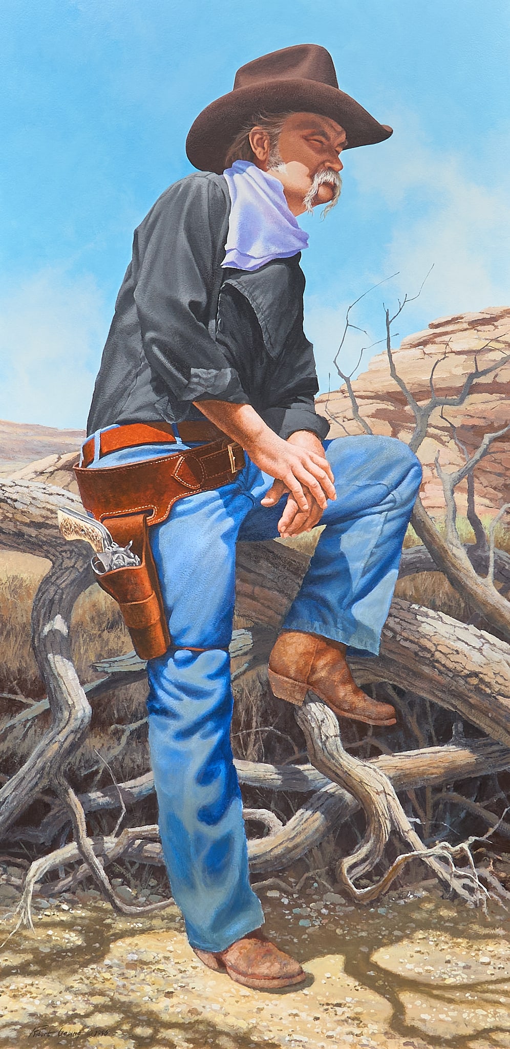 Robert Gebing, Cowboy Standing, 1996: Robert Gebing (Texas, 20th-21st C.), cowboy portrait, oil on masonite, signed and dated lower left, 1996 sight: 48 x 24 in., frame: 51.5 x 27.5 in. Provenance: Property from the collection of a
