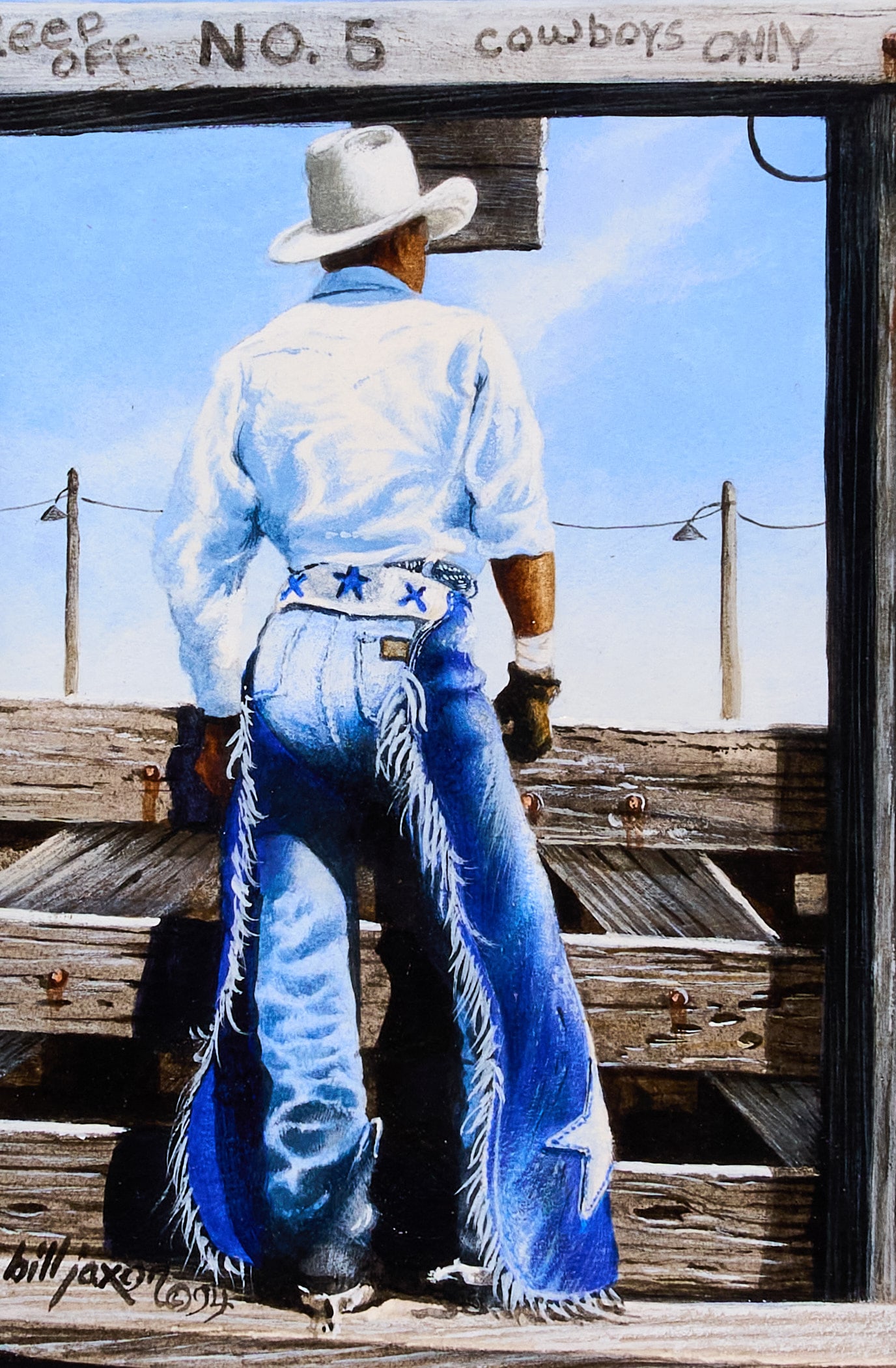 Bill Jaxon, "Blue Boy": Bill Jaxon (Amer., b. 20th C.), "Blue Boy", acrylic on panel, signed and dated lower left, 1994 sight: 6 x 4 in., frame: 15.5 x 13 in. Provenance: Property from the