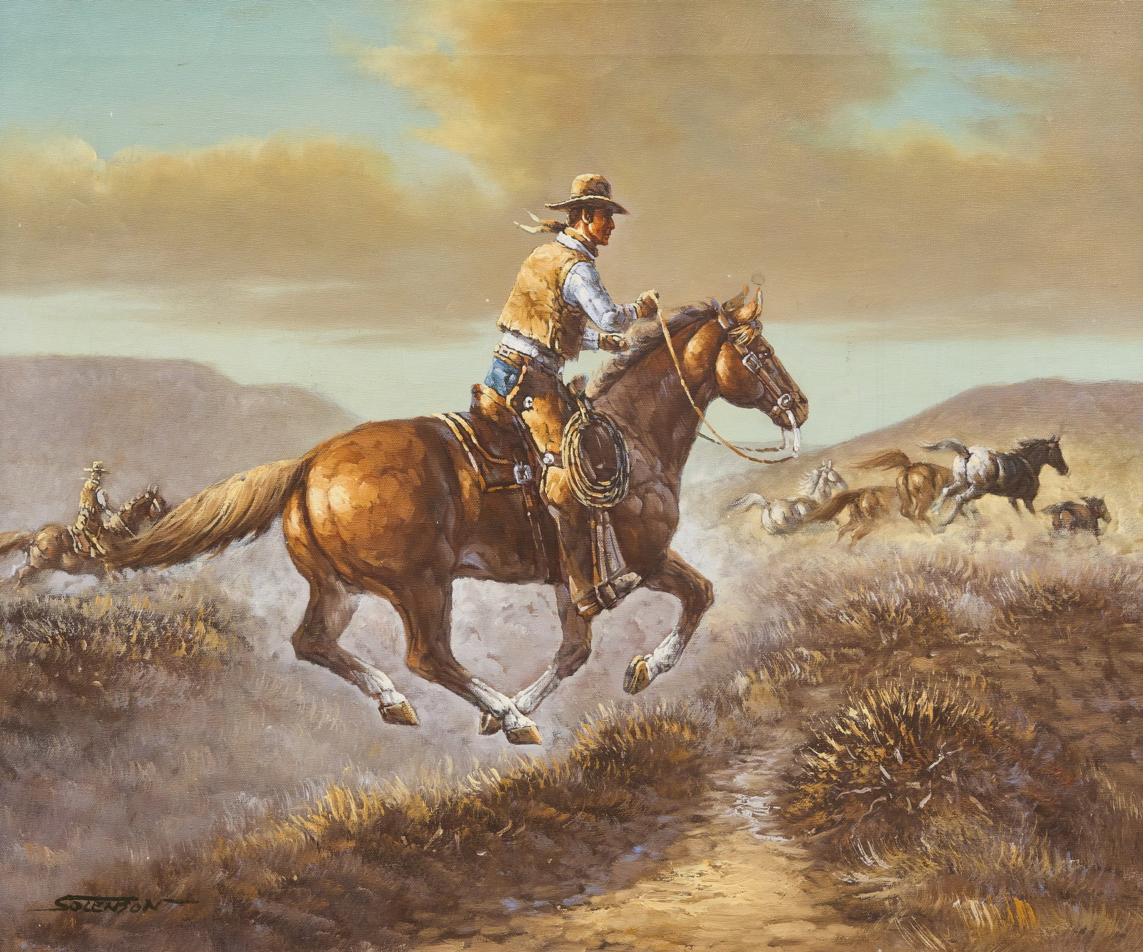Solenson, Cowboy Scene: Signed Solenson, cowboy scene, oil on canvas, signed lower left sight: 20 x 24 in., frame: 22.5 x 26.5 in. Provenance: Property from a home in Weatherford, Texas