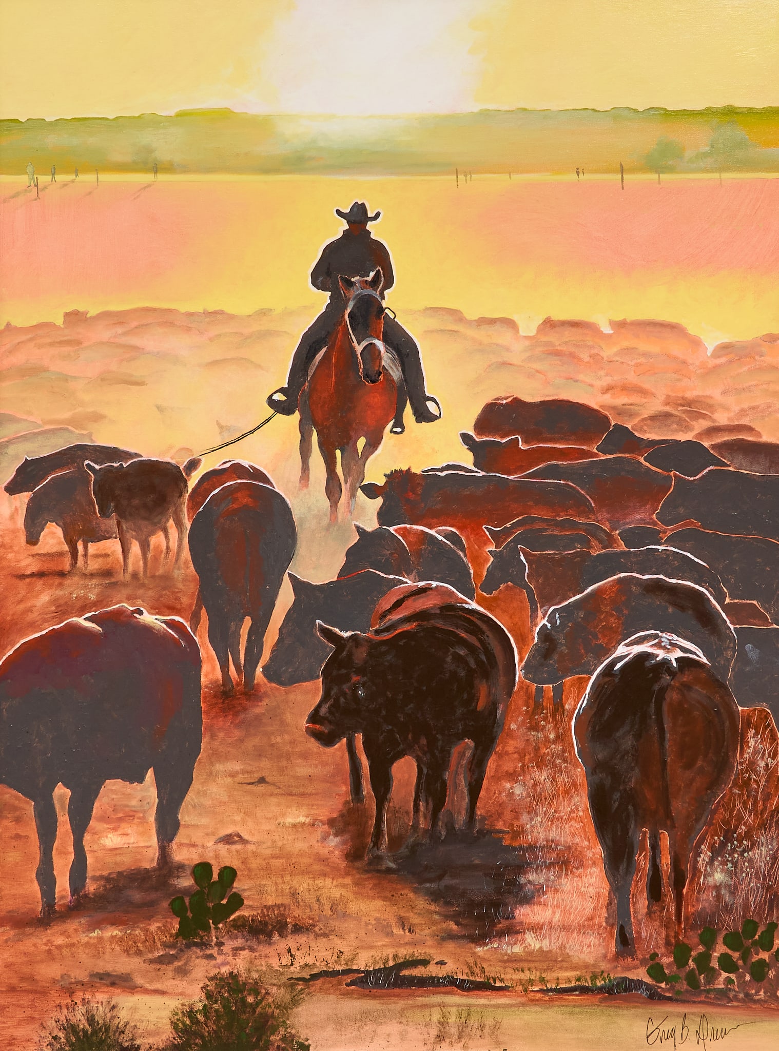 Greg Drew, "Cattle Drive": Greg Drew (Texas, 20th-21st C.), "Cattle Drive", acrylic on canvas, signed lower right sight: 40 x 30 in., frame: 44 x 34 in. Provenance: Property from a home in San Antonio, Texas