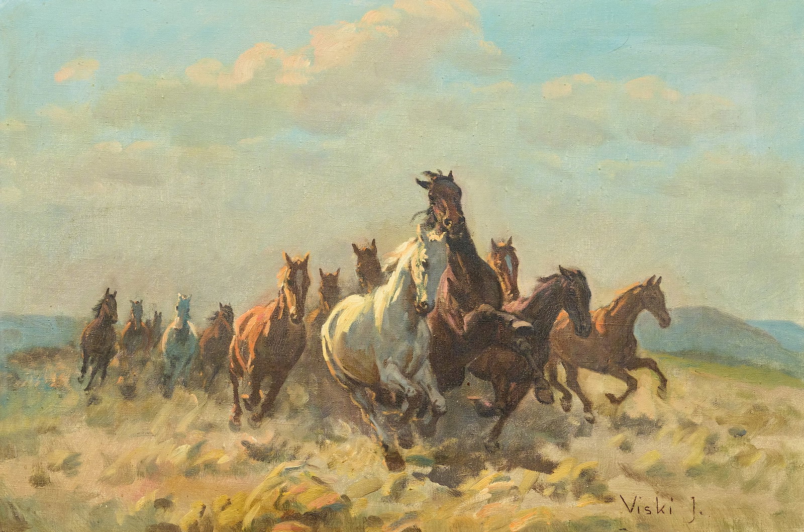 János Viski, Galloping Horses: János Viski (Hungary, 1891-1987), landscape with galloping horses, oil on canvas, signed lower right sight: 24 x 36 in., frame: 32 × 44 in. Provenance: Property from a home in San