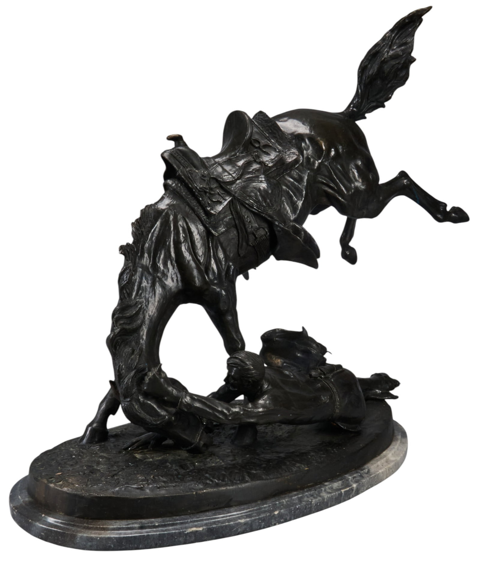 After Frederic Remington, "Wicked Pony": After Frederic Remington (Amer., 1861-1909), "Wicked Pony", bronze recast sculpture atop green stone base height 36 in. x width 37 in. x depth 15 in. Provenance: Property from the Estate of
