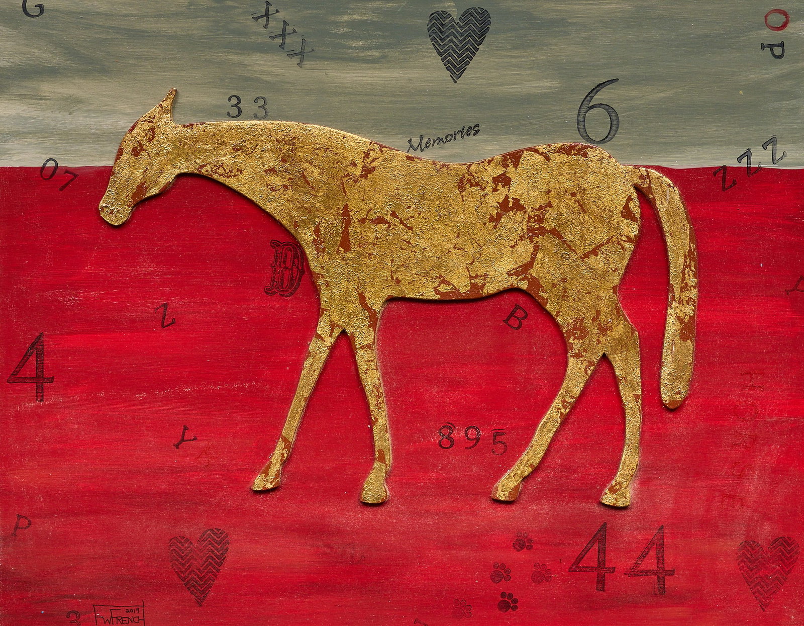 F.W. French, Gold Horse: Signed F.W. French, gold horse, painted wood and mixed media, signed and dated lower left, 2017, signed and dated again on the verso sight: 22 x 28 in., frame: 26.5 x 32.5 in. Provenance: