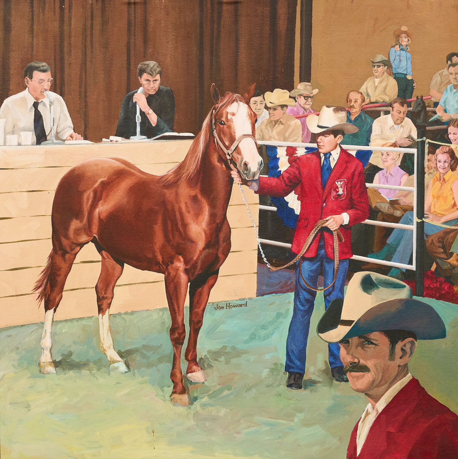 Joe Howard, Quarter Horse Show: Joe Howard (Oklahoma, 20th-21st C.), Oklahoma quarter horse show, oil on canvas panel, signed lower center sight: 30 x 30 in., frame: 35.5 x 35.5 in. Provenance: Property from the Estate of