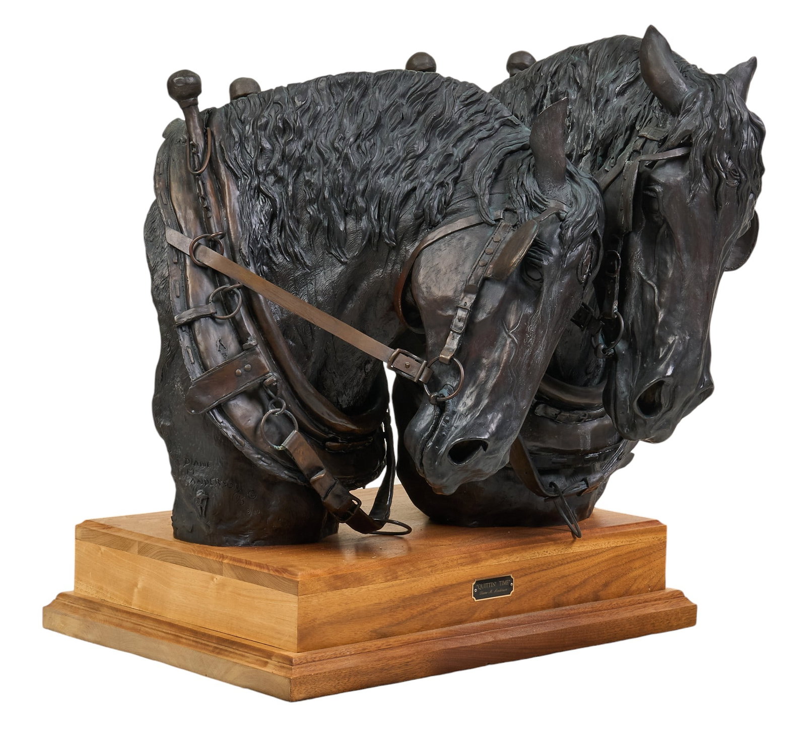 Diane Anderson, "Quittin' Time": Diane M. Anderson (Amer., 20th-21st C.), "Quittin' Time", artist-cast and cold painted bronze sculpture on wooden base, incised signature, title, edition number 9/10, and date,