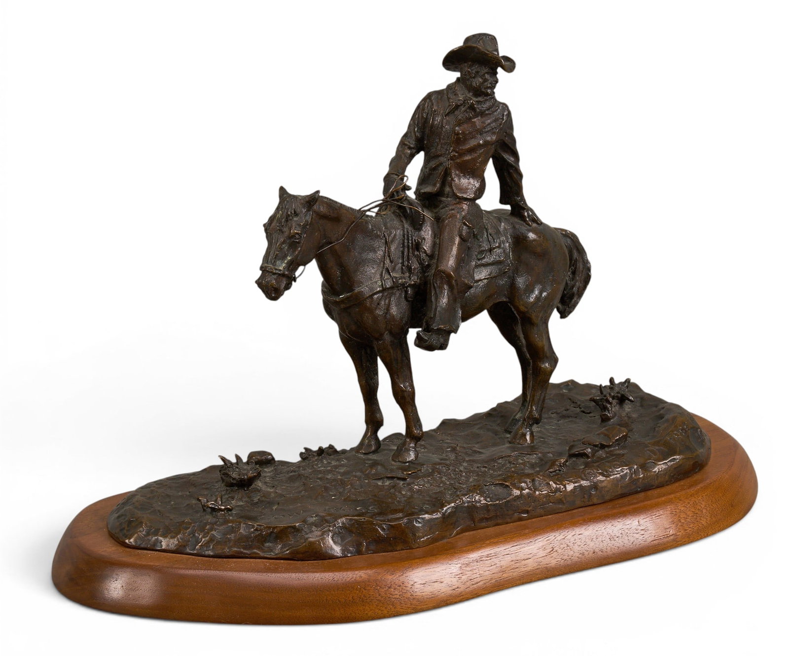 John D. Free, "Cow Boss": John D. Free (Oklahoma, 1929-2014), "Cow Boss", artist-cast bronze sculpture on wooden base, incised signature, edition number 13/30, and date, 1966 height 8 in. x width 12 in. x depth