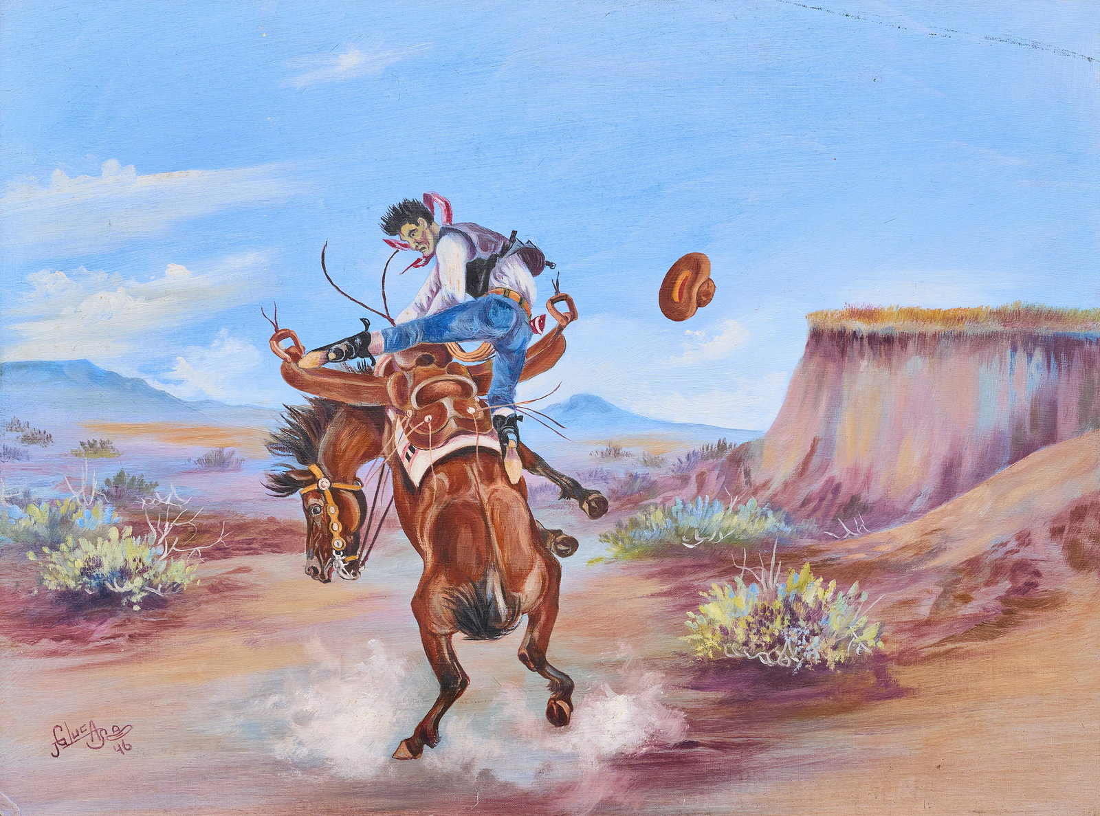 1946 Cowboy Painting: Antique cowboy painting, bucking bronco scene, oil on panel, signed illegibly and dated lower left, 1946 sight: 18 x 24 in., frame: 23 x 29 in. Provenance: Property from a home in Weatherford, Texas