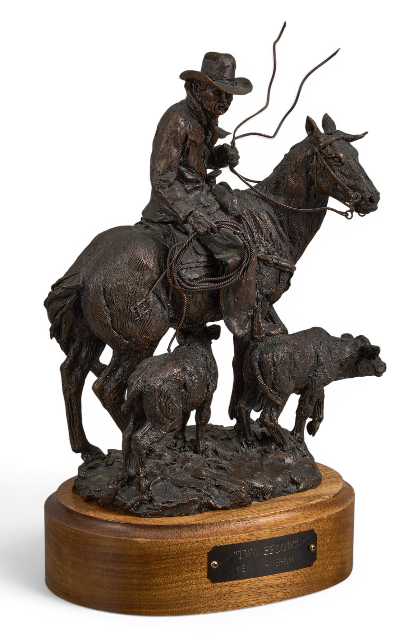 Ken Mayernik, "Two Below": Ken Mayernik (Montana, b. 20th C.), "Two Below", "artist-cast bronze sculpture on wooden base, incised signature, edition number 4/15, and date, 1995 height 11 in. x width 7.5 in. 