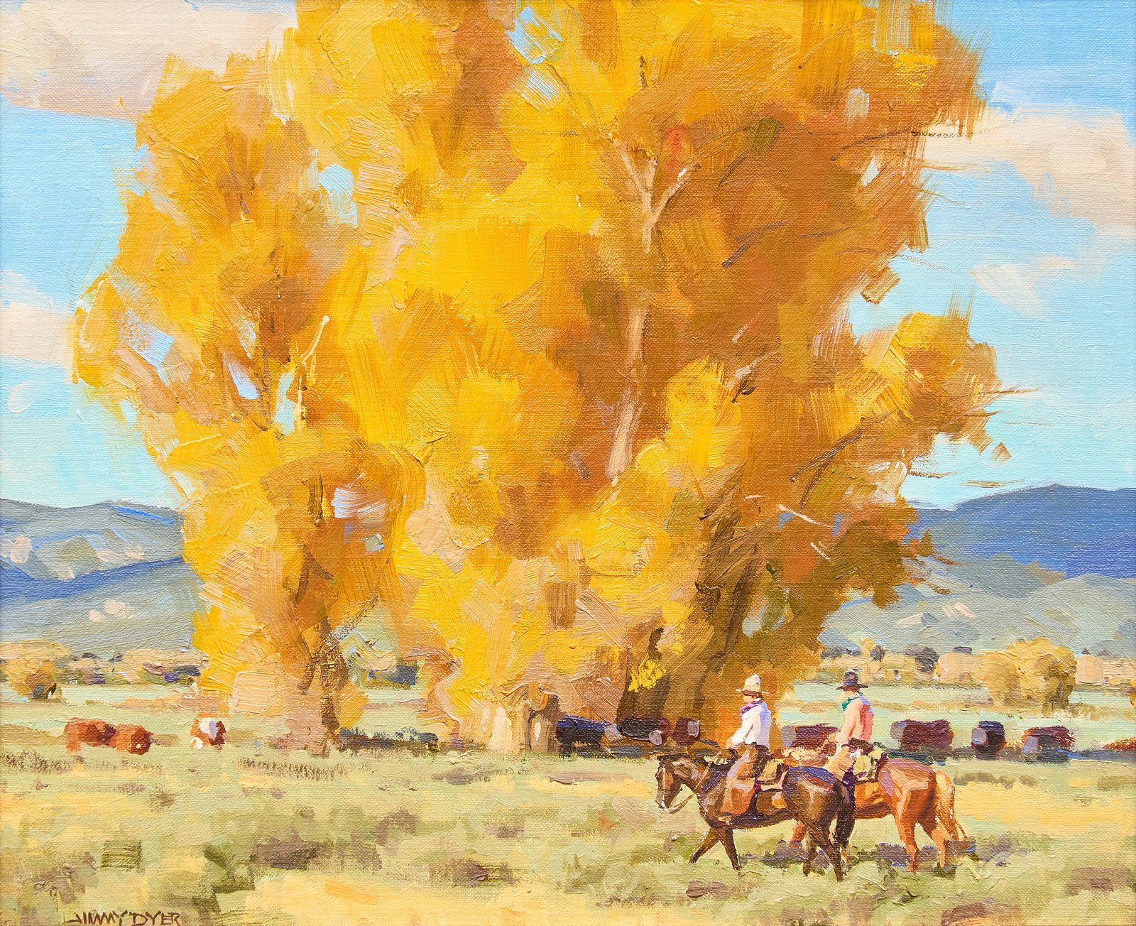 Jimmy Dyer, Wyoming Cowboys: Jimmy Dyer (Texas, b. 1956), cowboys and cottonwood trees, oil on canvas, signed lower left sight: 10 x 12 in., frame: 16 x 25 in. Provenance: Property from a Houston, Texas collection