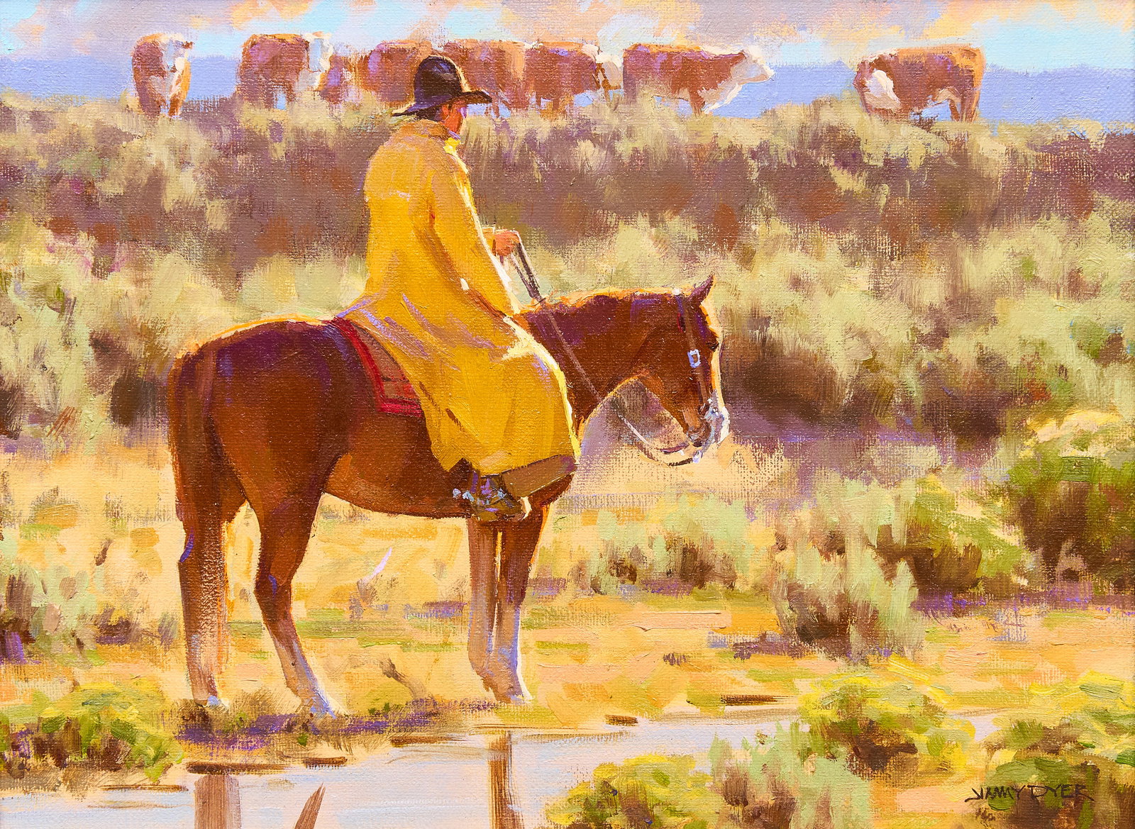 Jimmy Dyer, After the Rain: Jimmy Dyer (Texas, b. 1956), cowboy in yellow slicker watching herd, oil on canvas, signed lower right sight: 9 x 12 in., frame: 16.5 x 19.5 in. Provenance: Property from a Houston,