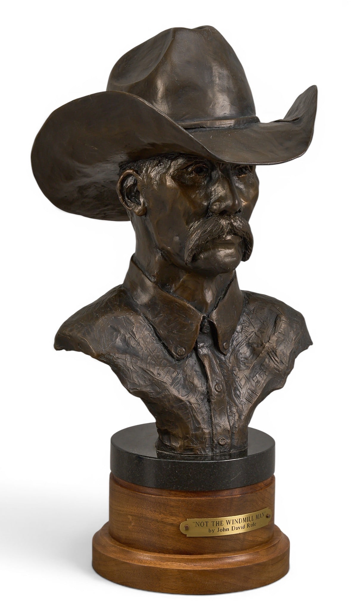 John David Rule, "Not the Windmill Man": John David Rule (Amer., 20th-21st C.), "Not the Windmill Man", artist-cast bronze sculpture on wooden base, incised signature, title, edition number 4/50, and date, 2007 height 15 in. x 7.5