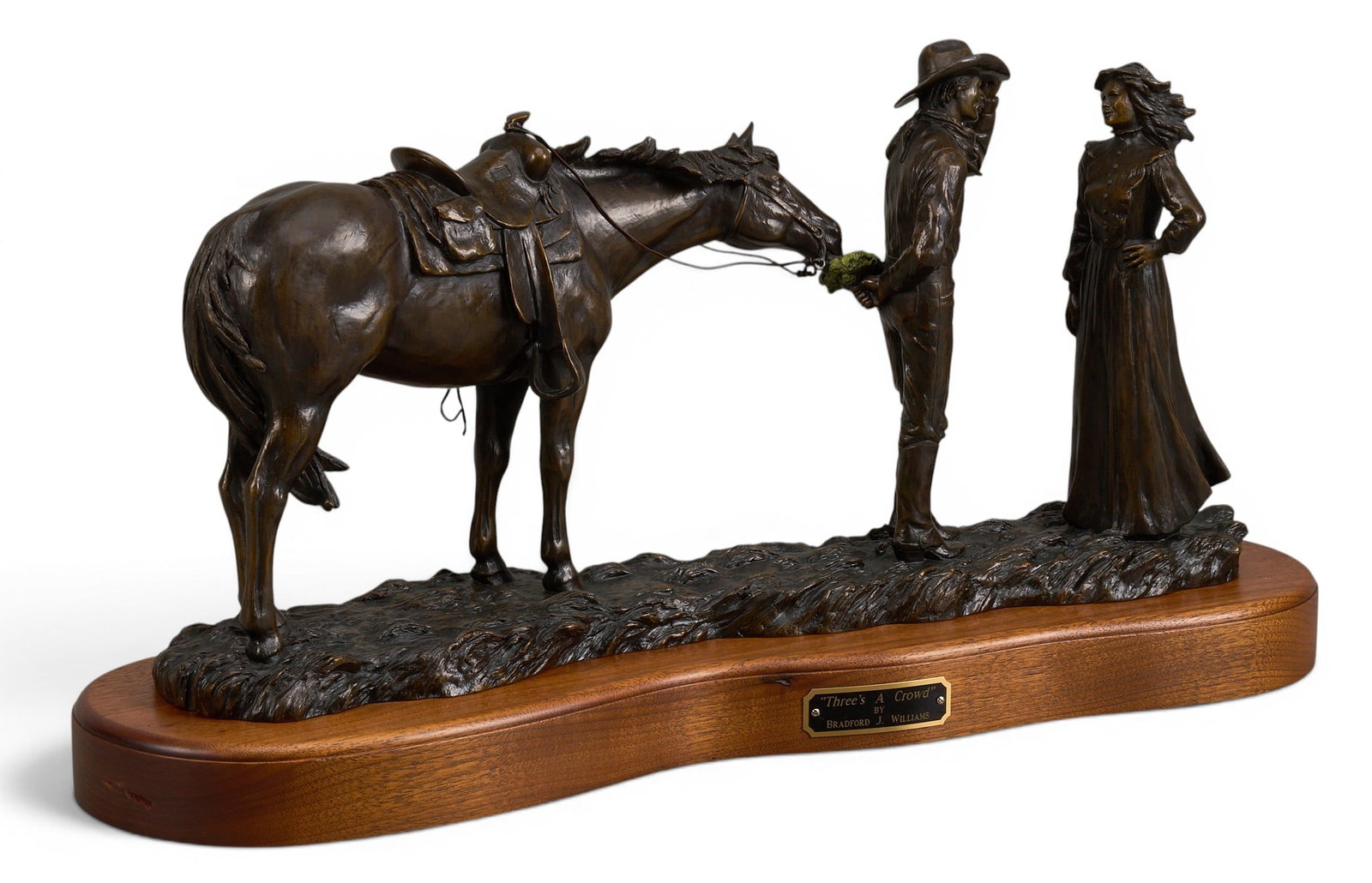 Bradford Williams, "Three’s a Crowd": Bradford J. Williams (Amer., b. 1948), "Three’s a Crowd", artist-cast bronze sculpture on wooden base, incised signature, edition number 24/25, and date, 1997 height 12 in. x