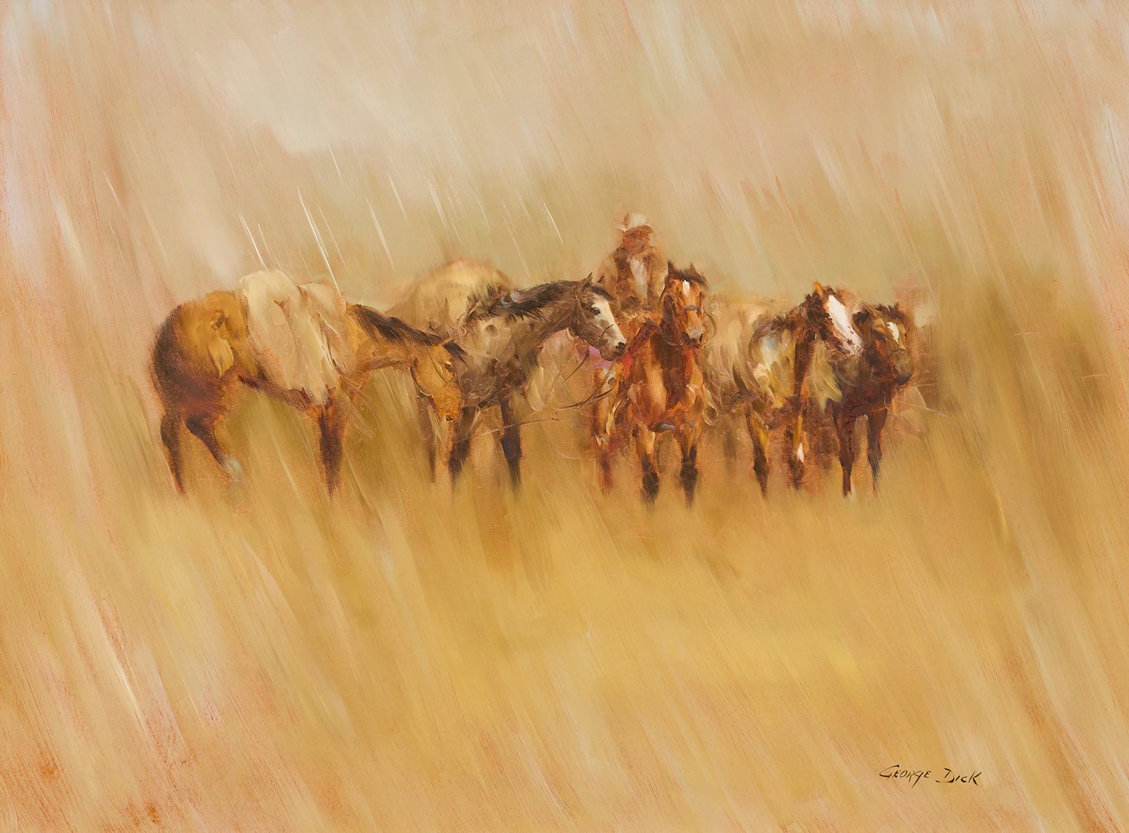 George Dick, "Down Pour": George Dick (Amer., 1916-1978), "Down Pour", oil on panel, signed lower right, inscribed on the verso with title and signature sight: 18 x 24 in., frame: 27.5 x 33.5 in. Provenance: