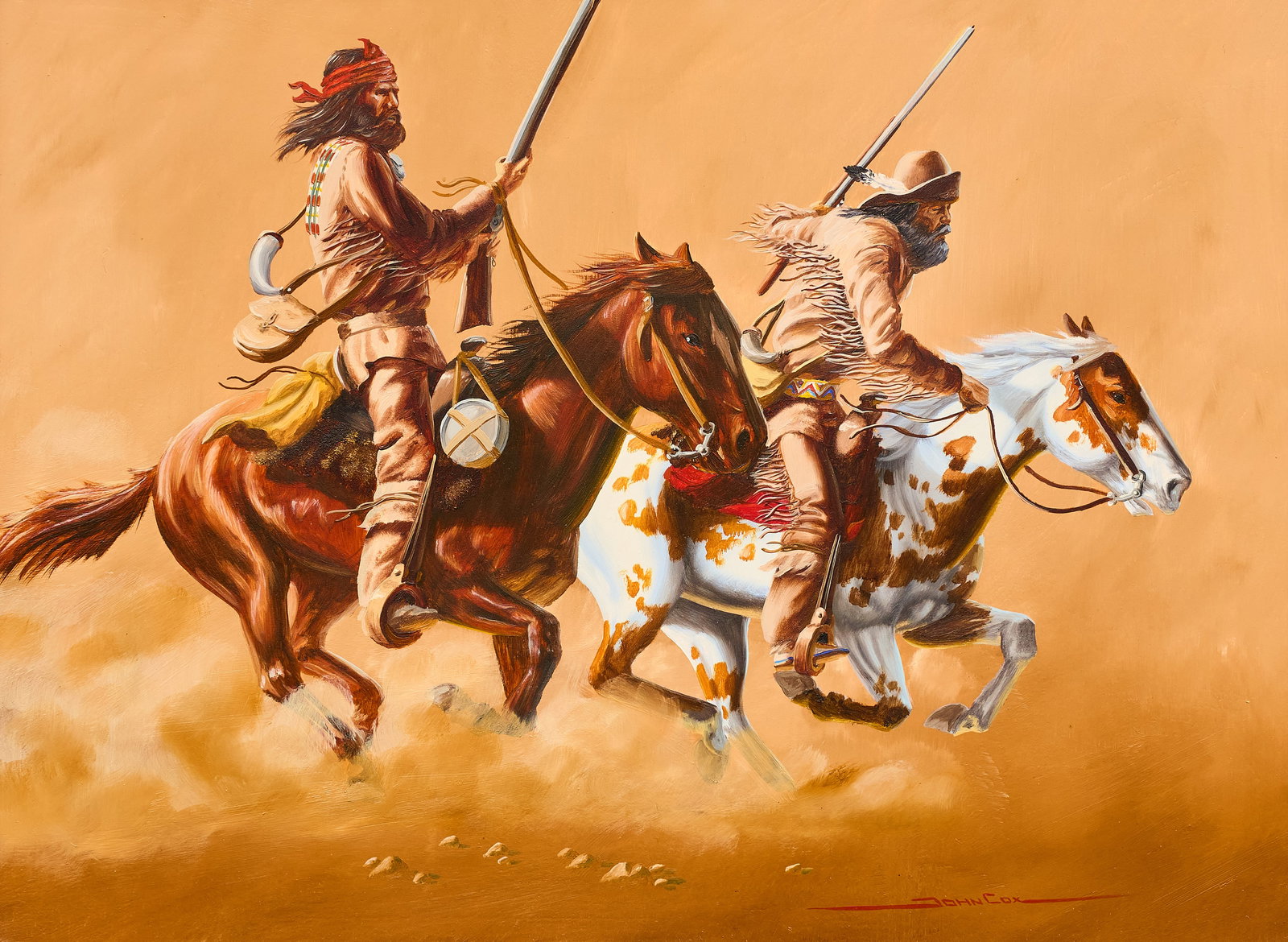 John Cox, Mountain Men on Horseback: John Cox (California / Arizona, b. 1941), mountain men on horseback, oil on panel, signed lower right, signed again and dated on the verso, 1977 sight: 12 x 16 in., frame: 20.5 x 24.5 in. Provena