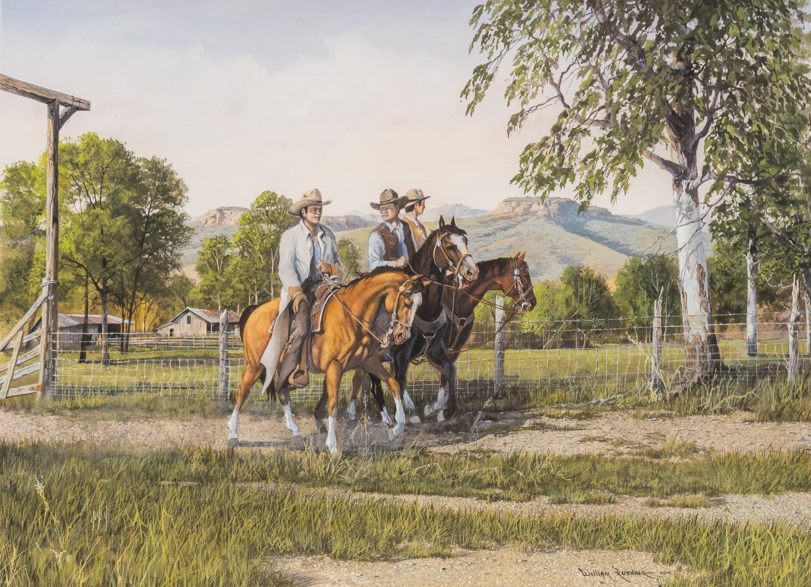 William Rushing, Cowboys in Landscape: William Rushing (Texas, 20th-21st C.), cowboys in landscape, gouache on illustration board, signed lower right sight: 16 x 22 in., frame: 26 x 31.5 in. Provenance: Property from a home in San Ant