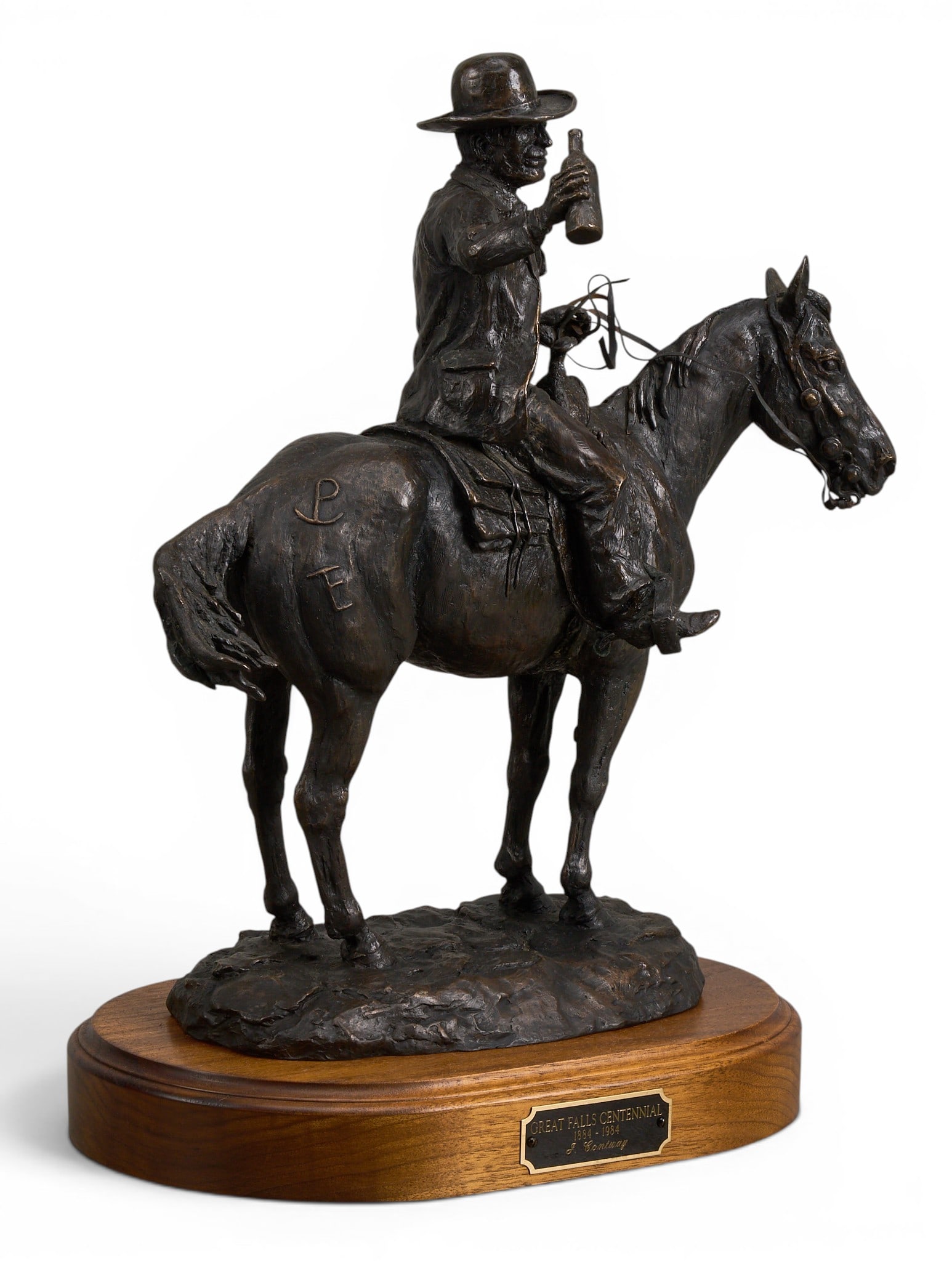 Jay Contway, "Great Falls Centennial": Jay Contway (Amer., 1935-2019), "Great Falls Centennial: 1884 - 1984", artist-cast bronze sculpture on wooden base, incised signature, edition number 70/100, and date, 1984 height