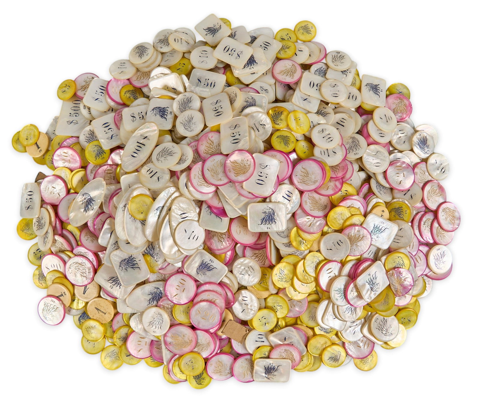 Collection of Gaming Chips from Old Mexican Casino: Large collection of vintage gaming chips from an old Mexican casino, chips made in France and feature a rampant lion motif, includes various denominations and colors Total weight: 20 lbs Provenan