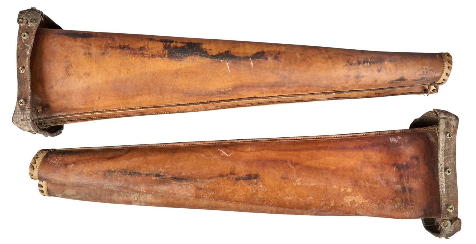 (2) Vintage King Ranch Leather Double Rifle Scabbards: Pair of vintage King Ranch leather hunting truck rifle scabbards; these were often mounted on the outside of ranch or hunting vehicles to get quick and easy access to the rifles when coming up