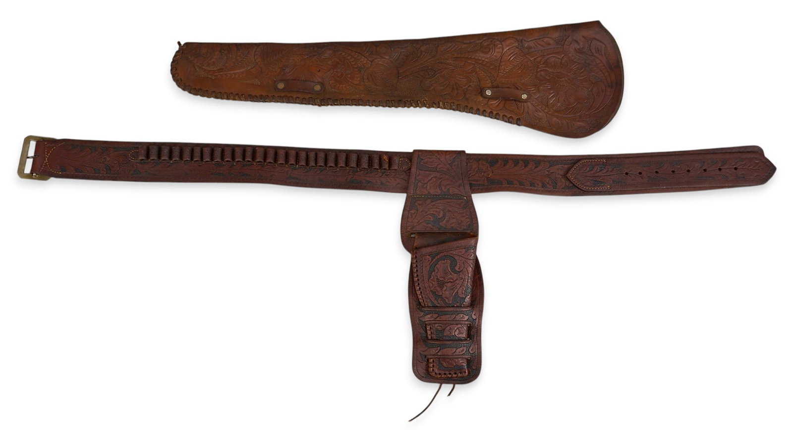 Vintage Rifle Scabbard and Holster: Vintage leather rifle scabbard by Heiser of Denver, Colorado, and a single action Buscadero rig holster for a large caliber firearm width 44 in. x height 13 in. / holster Provenance: Property