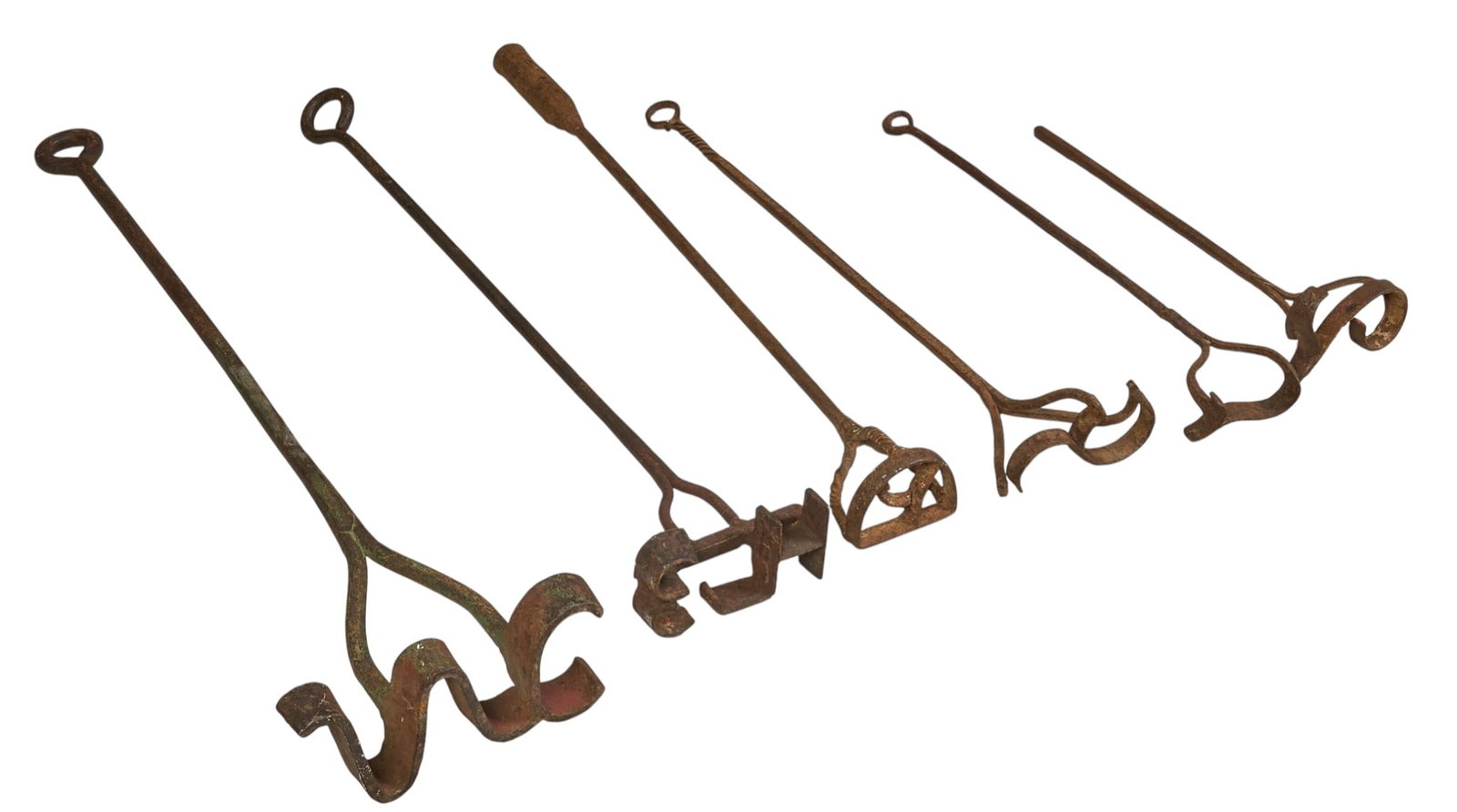 (6) Vintage Branding Irons: Collection of six vintage rustic iron branding irons, circa mid 20th century length 33 in. x width 4 in. x depth 9 in. / largest Provenance: Property from a home in San Antonio, Texas