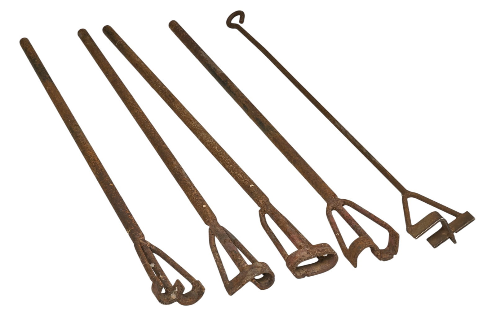 (5) Vintage Branding Irons: Collection of five vintage rustic iron branding irons, circa mid 20th century length 36 in. x width 3.5 in. x depth 1.5 in. / largest Provenance: Property from a home in San Antonio,