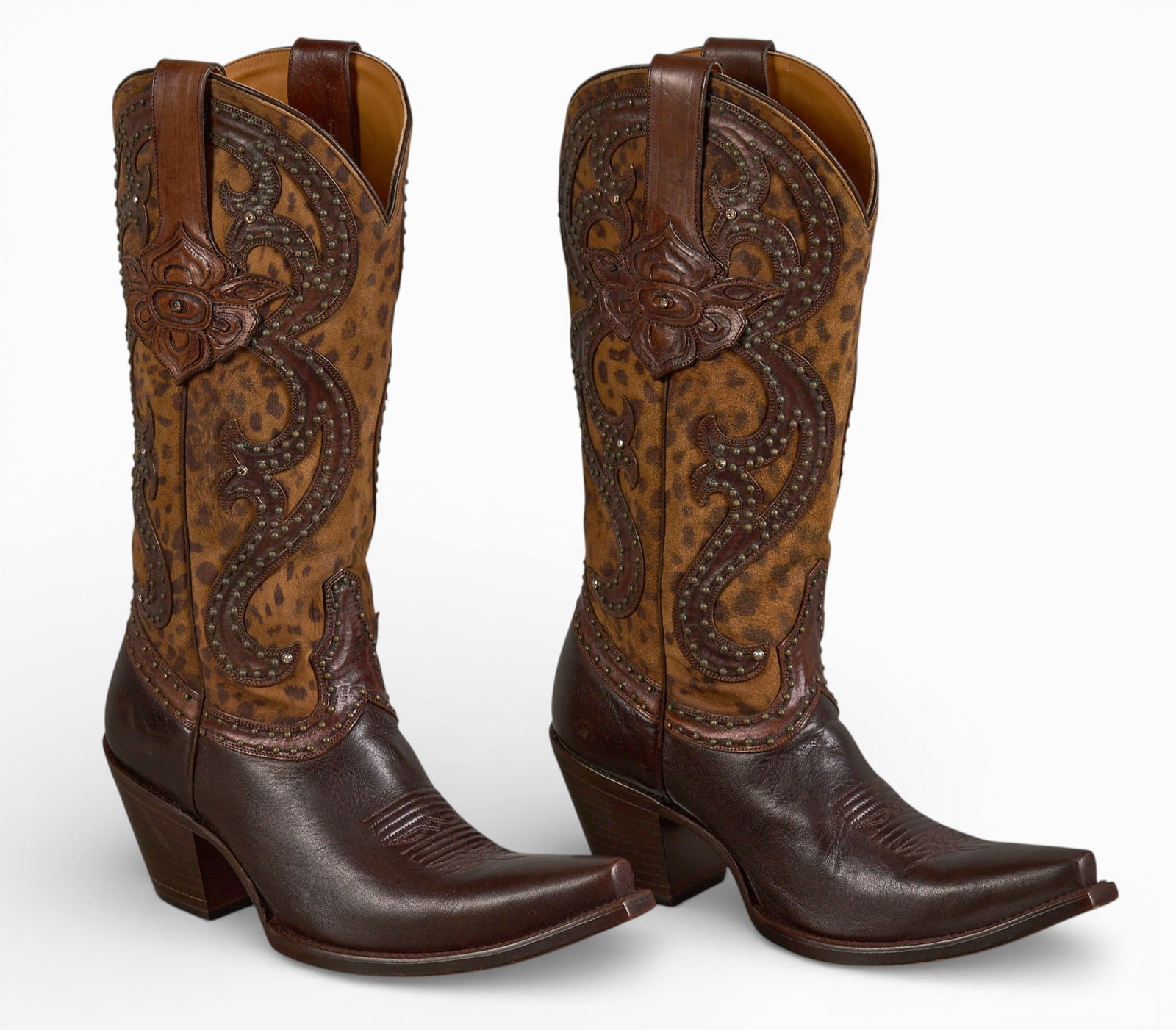 Pair of Lucchese Women's Western Boots, 9B: Pair of Lucchese Women's Espresso Camel Cheetah Western Boots, with beaded overlay and tooled petal accents on pull straps, size 9B, with original tags height 15.5 in. x width 4