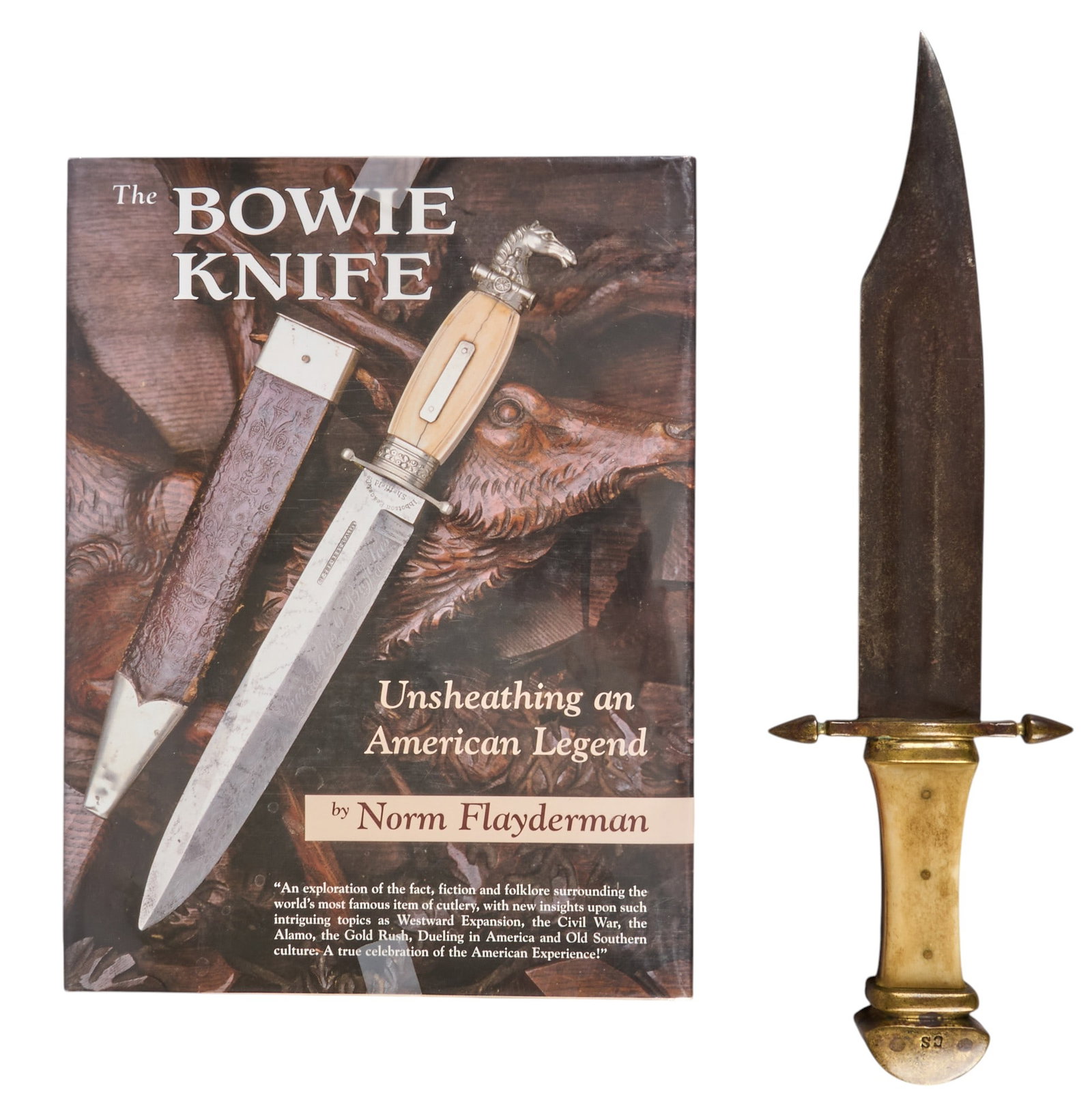 19th C. Bowie Knife: 19th C. Bowie knife, bone handle, brass guard and top with stamped initials "C S"; includes copy of "The Bowie Knife" by Norm Flanderman, published by the National Museum of A