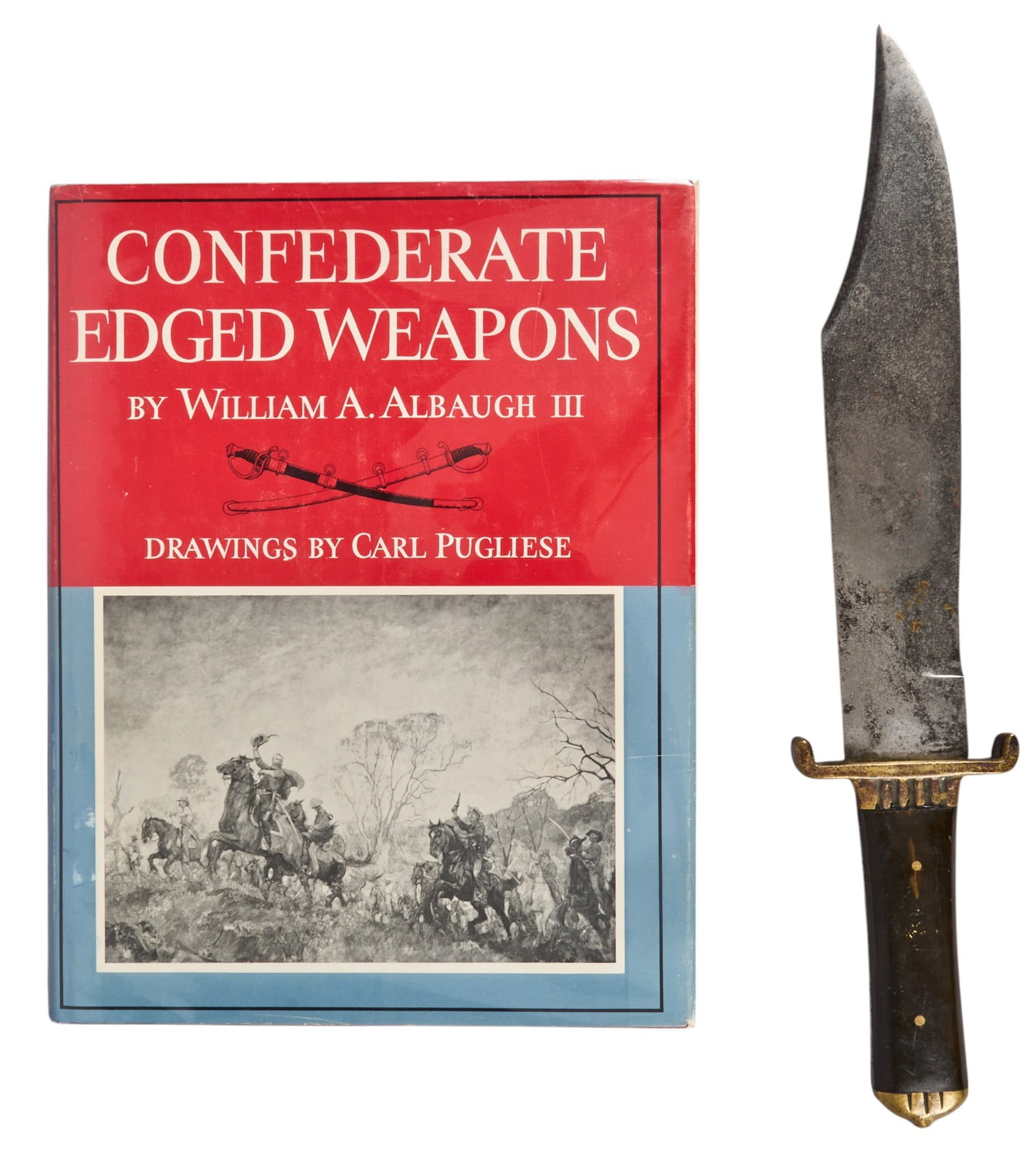 Civil War Era Bowie Knife: Civil War Era Bowie knife, brass shield and end cap, wood handle; accompnaied by 1960 copy of "Confederate Edged Weapons" by William A. Albaugh III, published by Harper & Brothers (New Y
