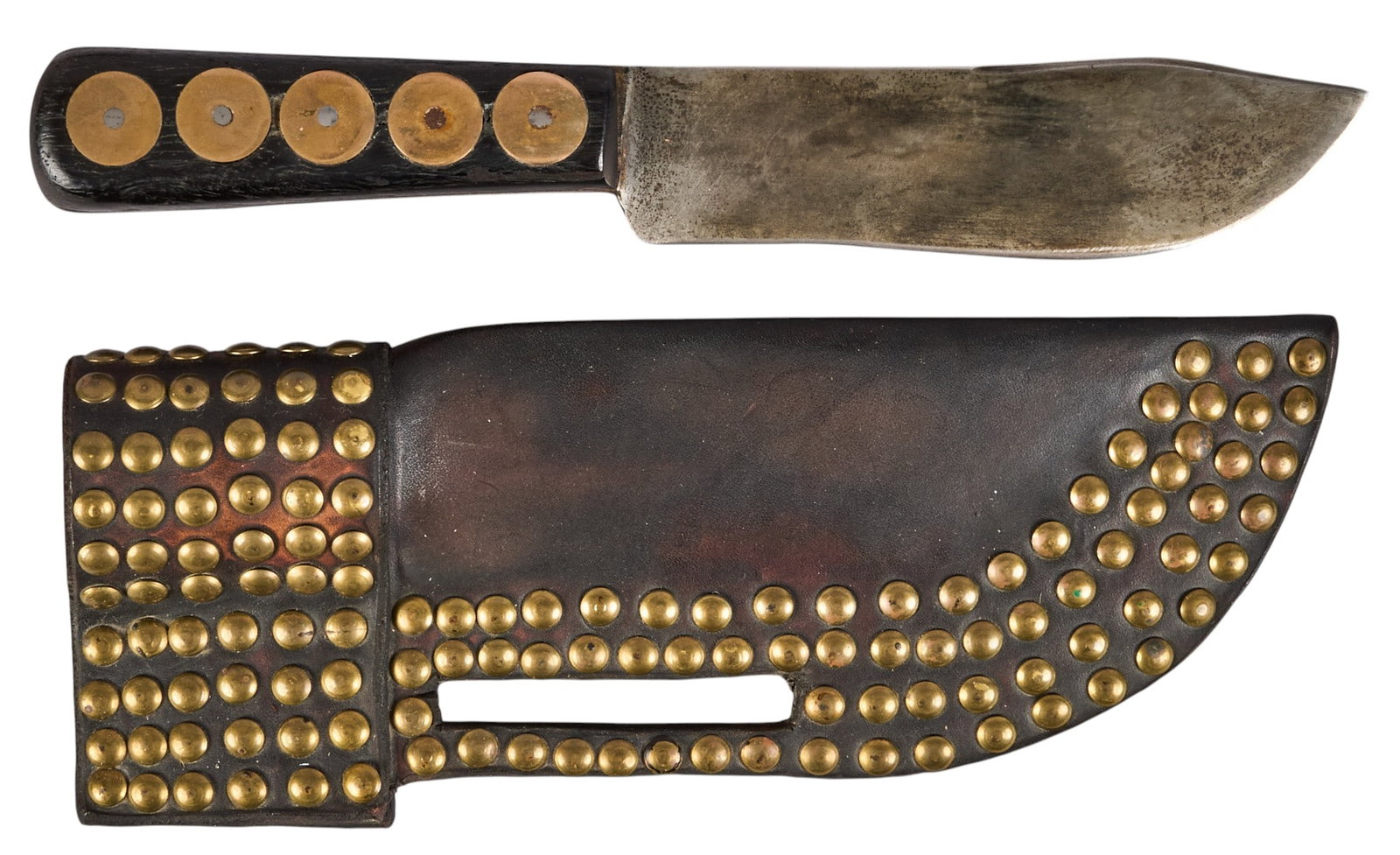 Antique Hudson Bay Trade Knife: Antique Hudson Bay trade knife, brass rivets on handle, Coulson trademark, circa 19th century Blackfeet tacked sheath with opening for belt height 11.5 in. x width 3.5 in. x depth 1 in. Prov