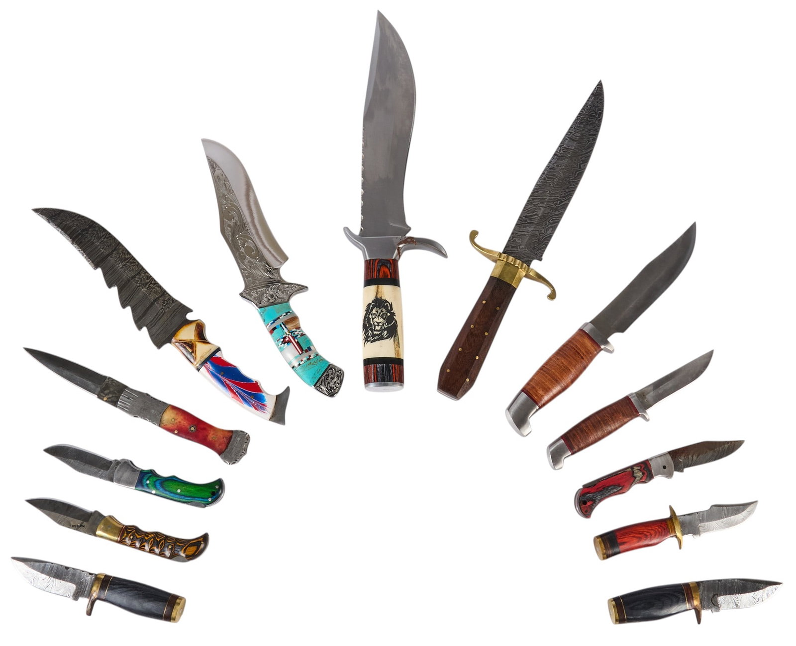 Collection of (13) Mixed Knives: Collection of 13 mixed knives; some rusting on blade tangs Includes: some rust on few blades (1) pair of Ozark Trail banded leather handle hunting knives (2) Savage Blades Co. Hunting D2 Bow