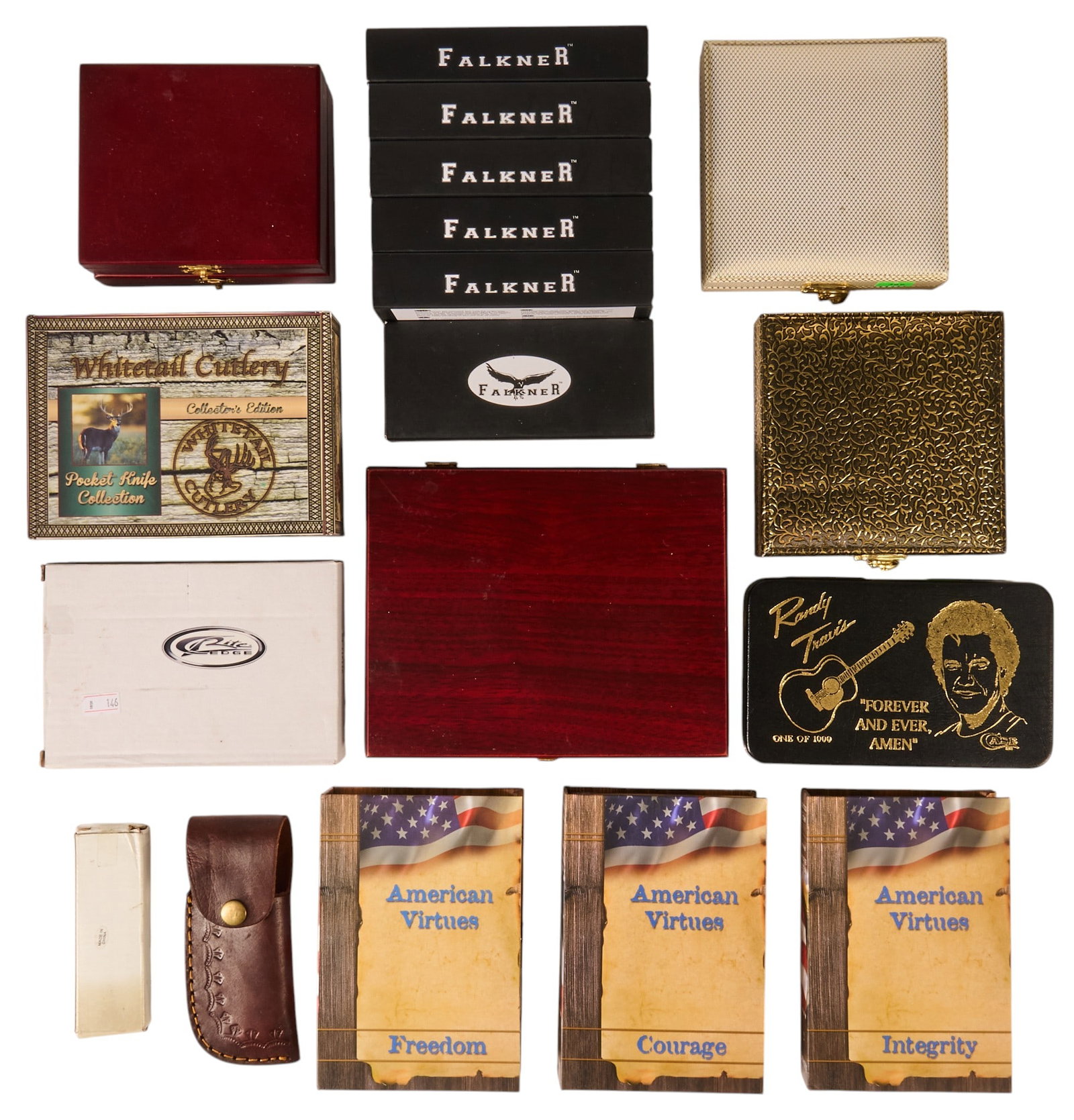 Collection of 23 Mixed Commemorative and Wildlife Knives: Collection of 23 mixed knives; some rusting on blade tangs Includes: (1) 3 x American Virtues Prestige Edition knives in box: 1-Freedom, 2-INtegrity, 4-Courage (2) 3 x US President commemora